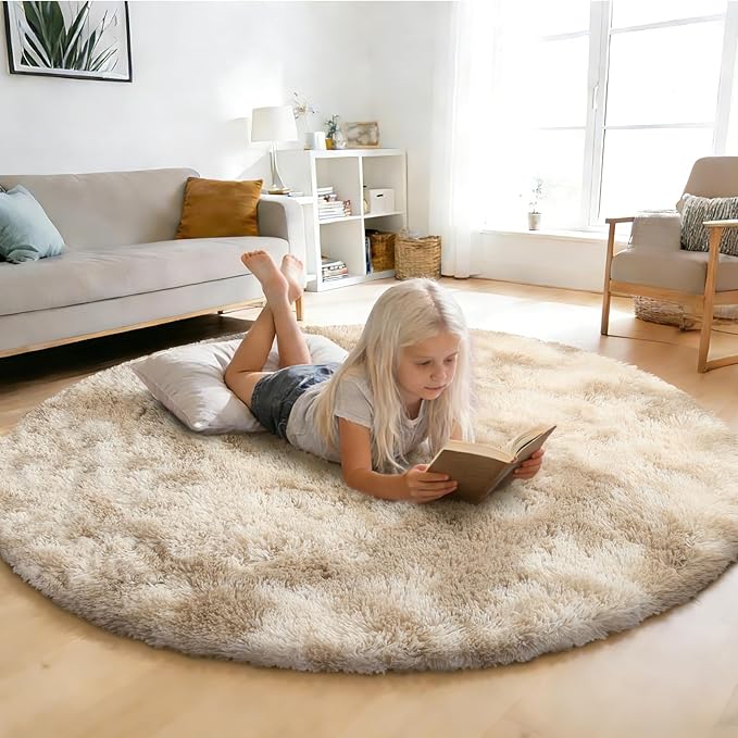 Fluffy Round Rug,Soft Area Rugs for Girls Room,Shaggy Rugs 5'X5' for Living Room,Non Slip Circle Rug for Kids Bedroom,Shag Plush Nursery Carpets,Fuzzy Rug for Dorm,Room Decor Carpet,Tie-Dyed Beige