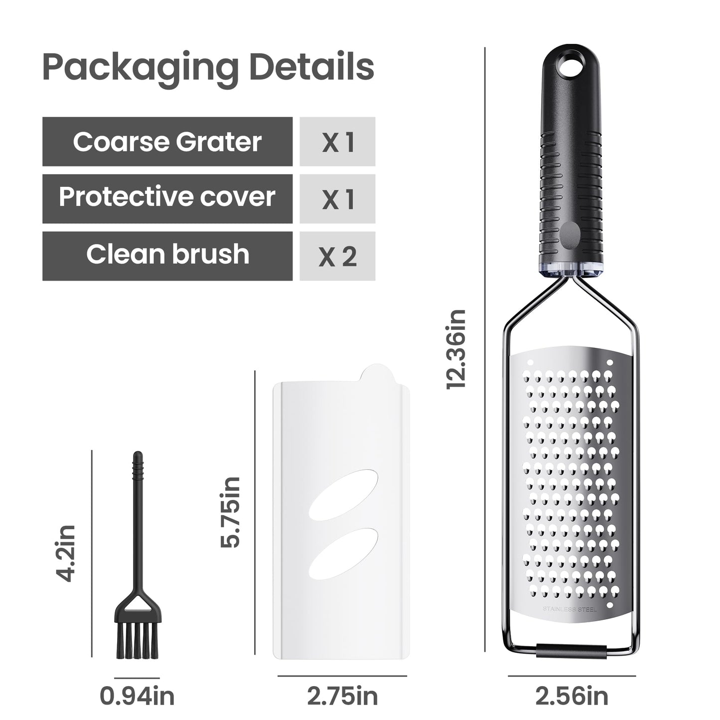 Coarse Grater for Cheese & Vegetables - Non-Slip Grip | Dishwasher Safe Stainless Steel (Black)