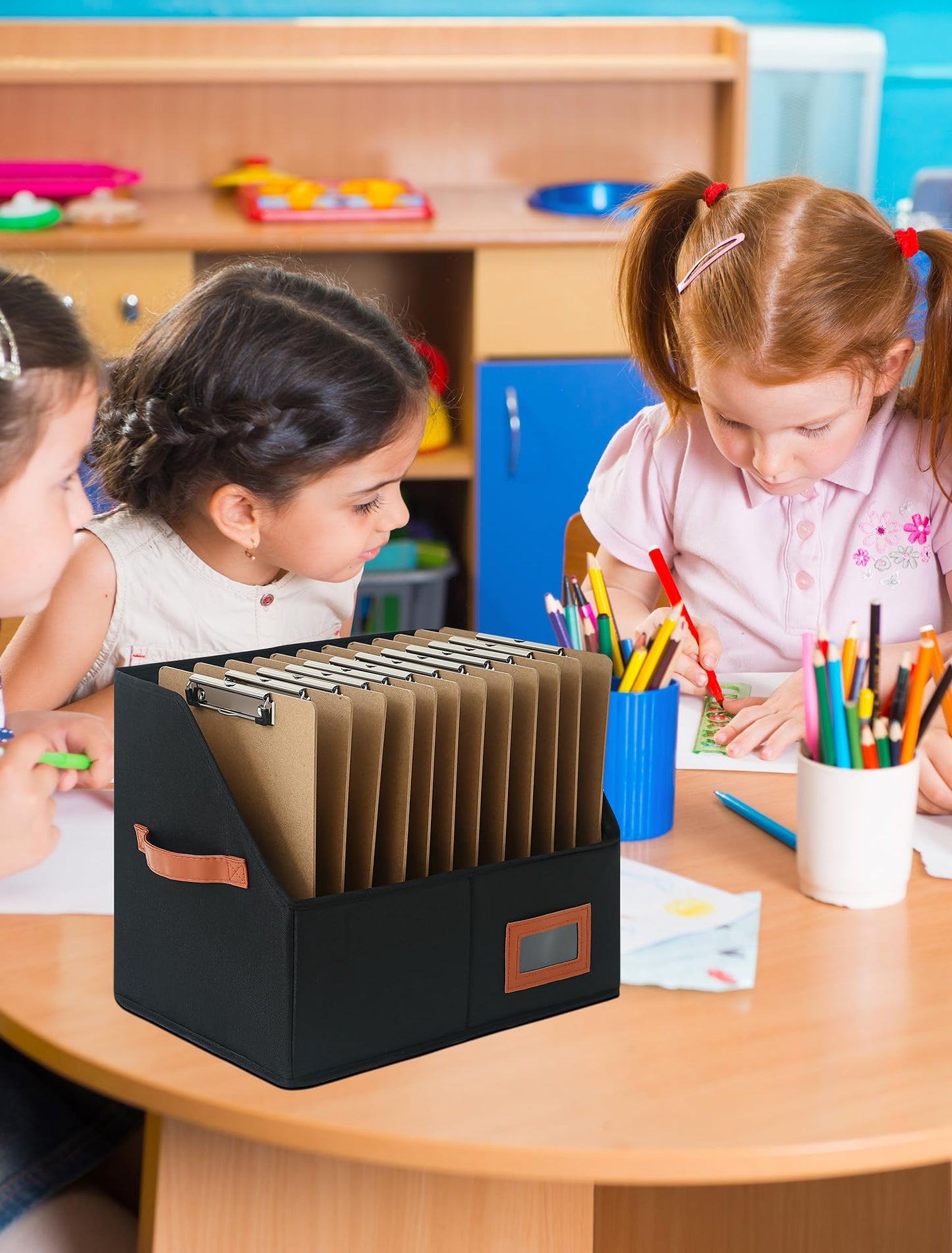 Qozary Clipboard Holder for Classroom-2 Pack Foldable Clip Board Storage Organizer Basket with Handle for Easy Carrying, Classroom Office Desk Organizer Bin, Clipboards Not Included