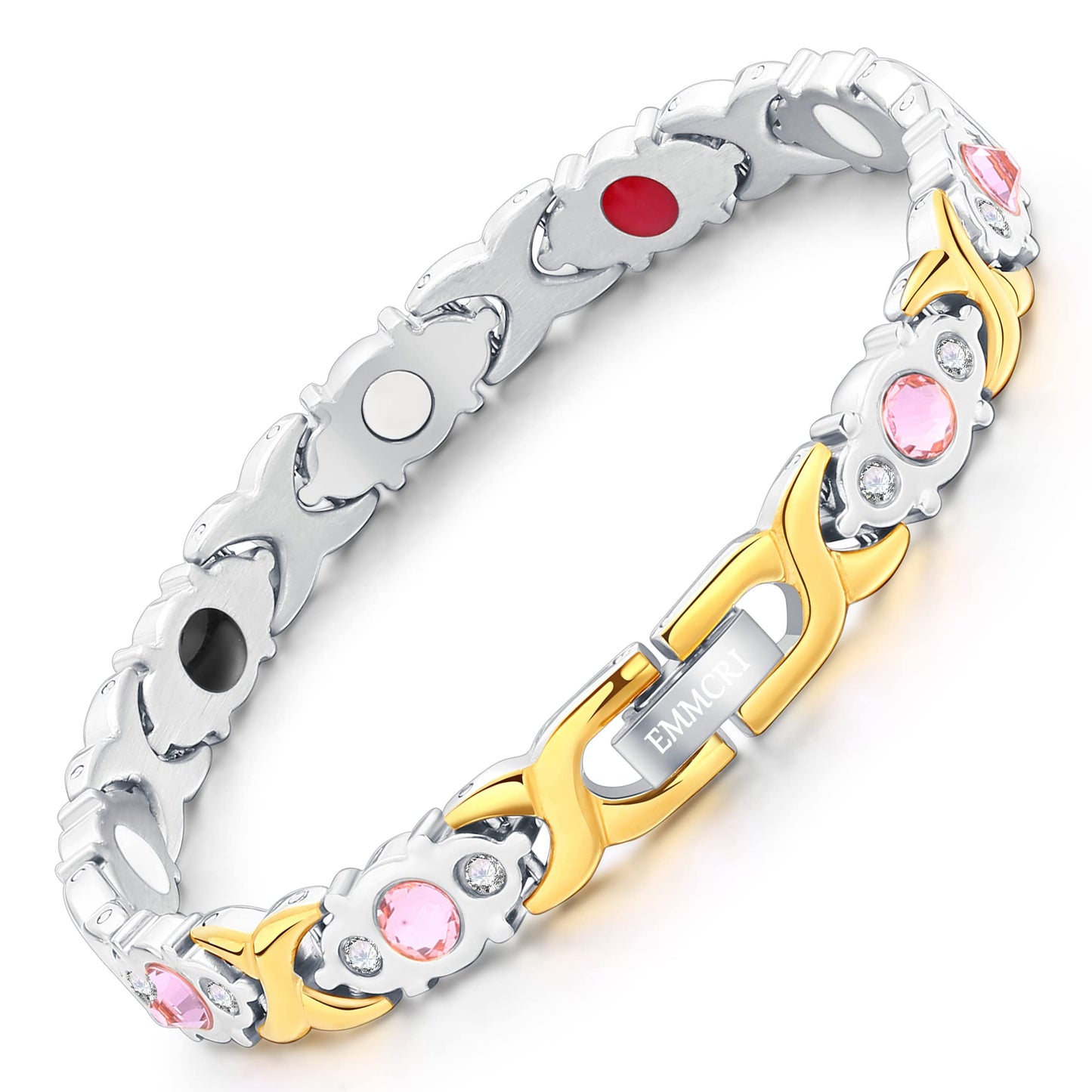 EMMORI Ultra Strength Magnetic Bracelet for Woman - 3,500 Gauss Per Magnet -Crystal Bracelet - Adjustable Length -Pulseras Magneticas (Silver Gold)