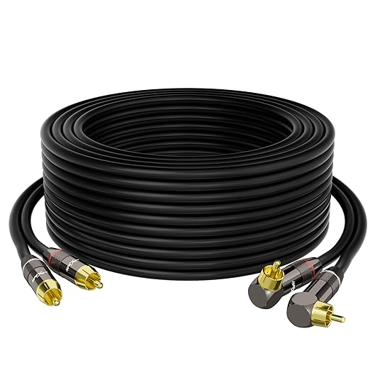 RCA Cable 50 FT, 90 Degree Right Angle 2RCA to 2RCA Stereo Audio Cable, Zinc Alloy Shell, Gold-Plated Plug, 2 RCA Audio Cord, for Home Theater, Subwoofer, HDTV, Amplifier, Hi-Fi System, Car, Speaker