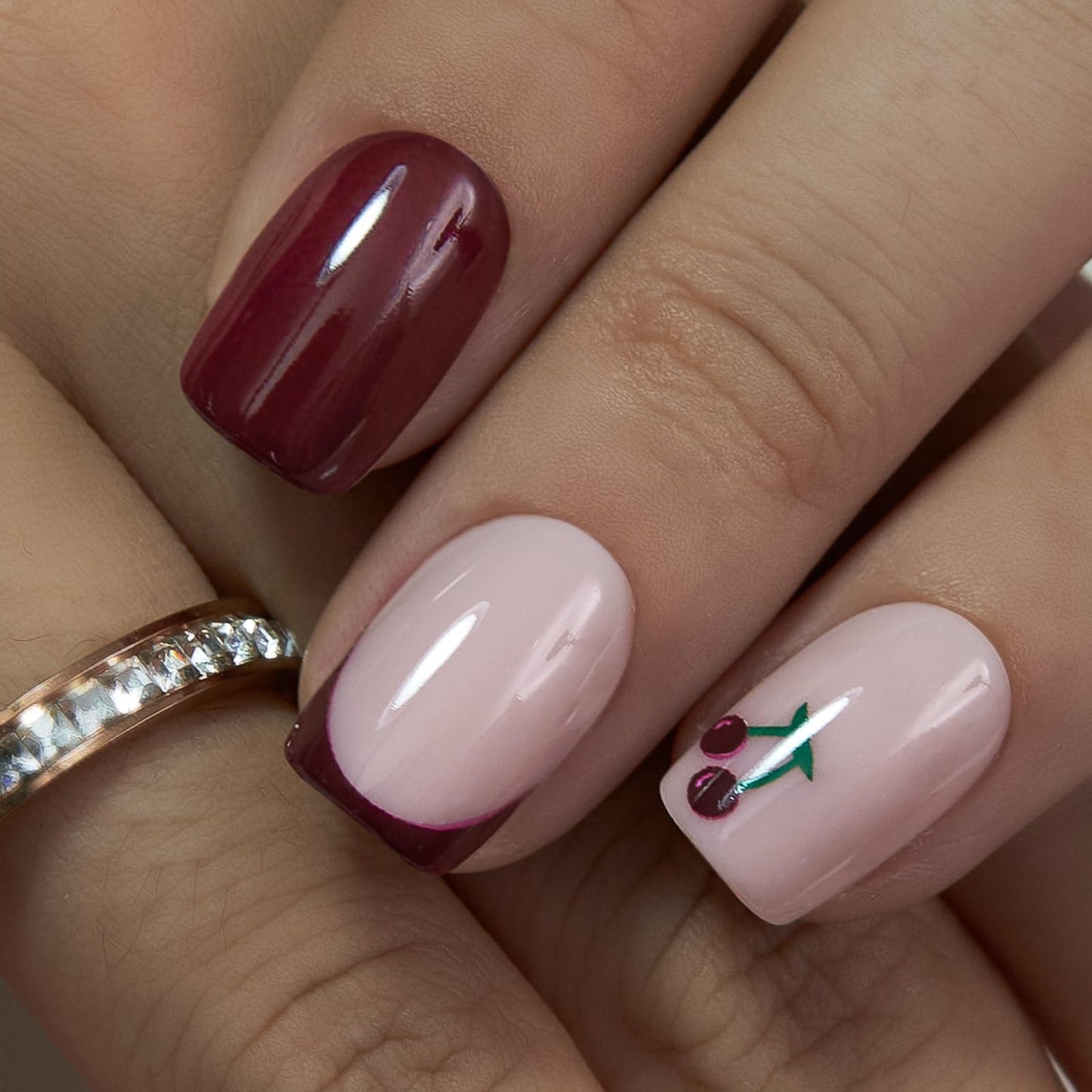 Curvlife Press On Nails – 30PCS Full Cover False Natural Fit Soft Gel Fake Nails Tips, Easy to Apply at Home Glue On False Nails Kit (Cherry Accent Solid French Manicure, Medium)