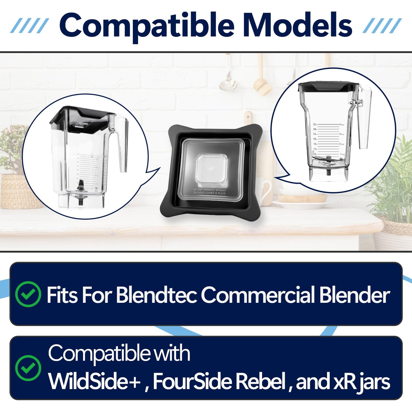 Blender Lid Replacement Fits for Blendtec Commercial Blender, Vented Gripper Lid Compatible with WildSide+ and FourSide jars, Lid for Blendtec Top with Square Clear Plug