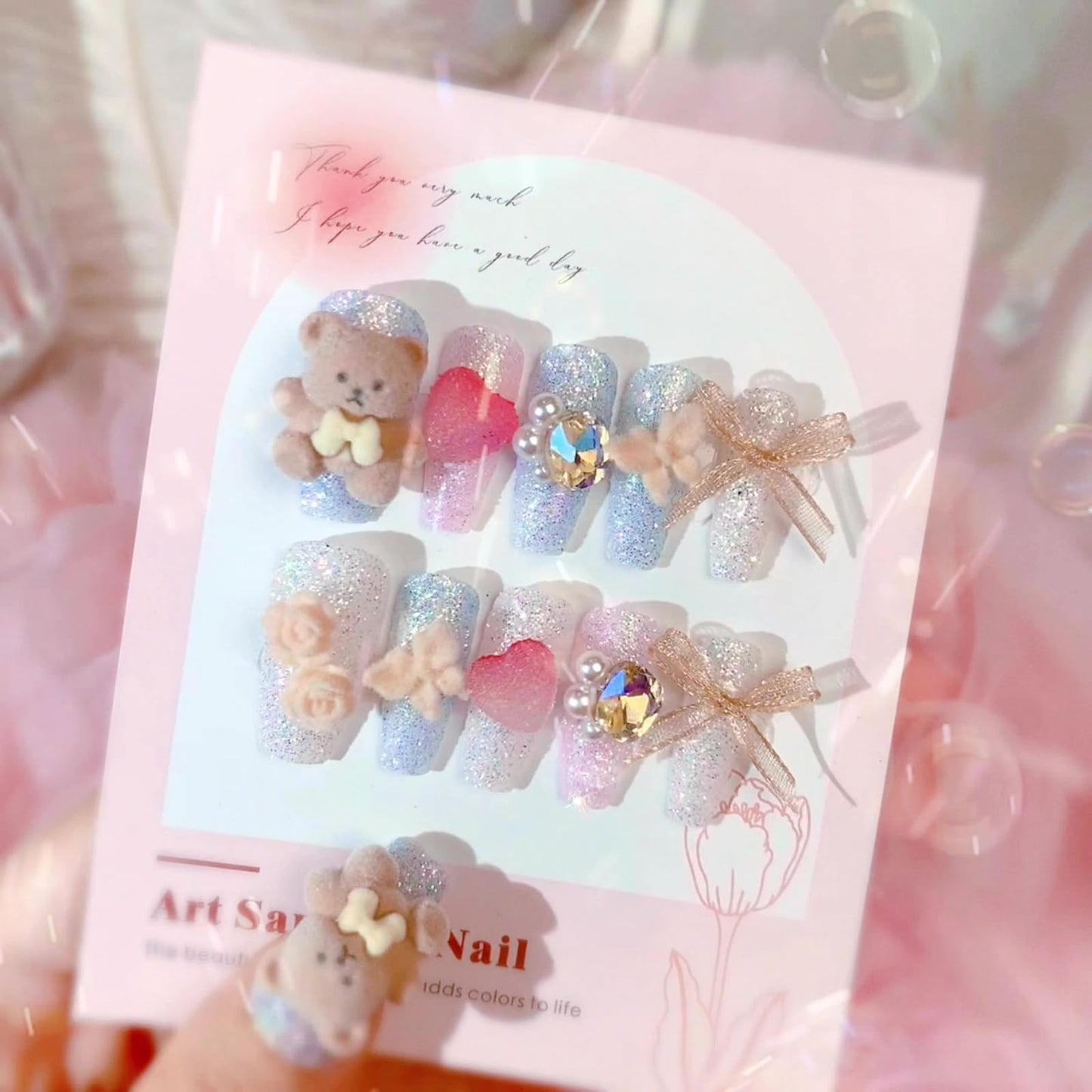 SINHOT Luxury Press on Nails - Long Coffin Fake Nails 3D Handmade Cute&Candy Reusable False Nails with Rhinestone Designs,DIY Artificial Nail Art, 24pcs