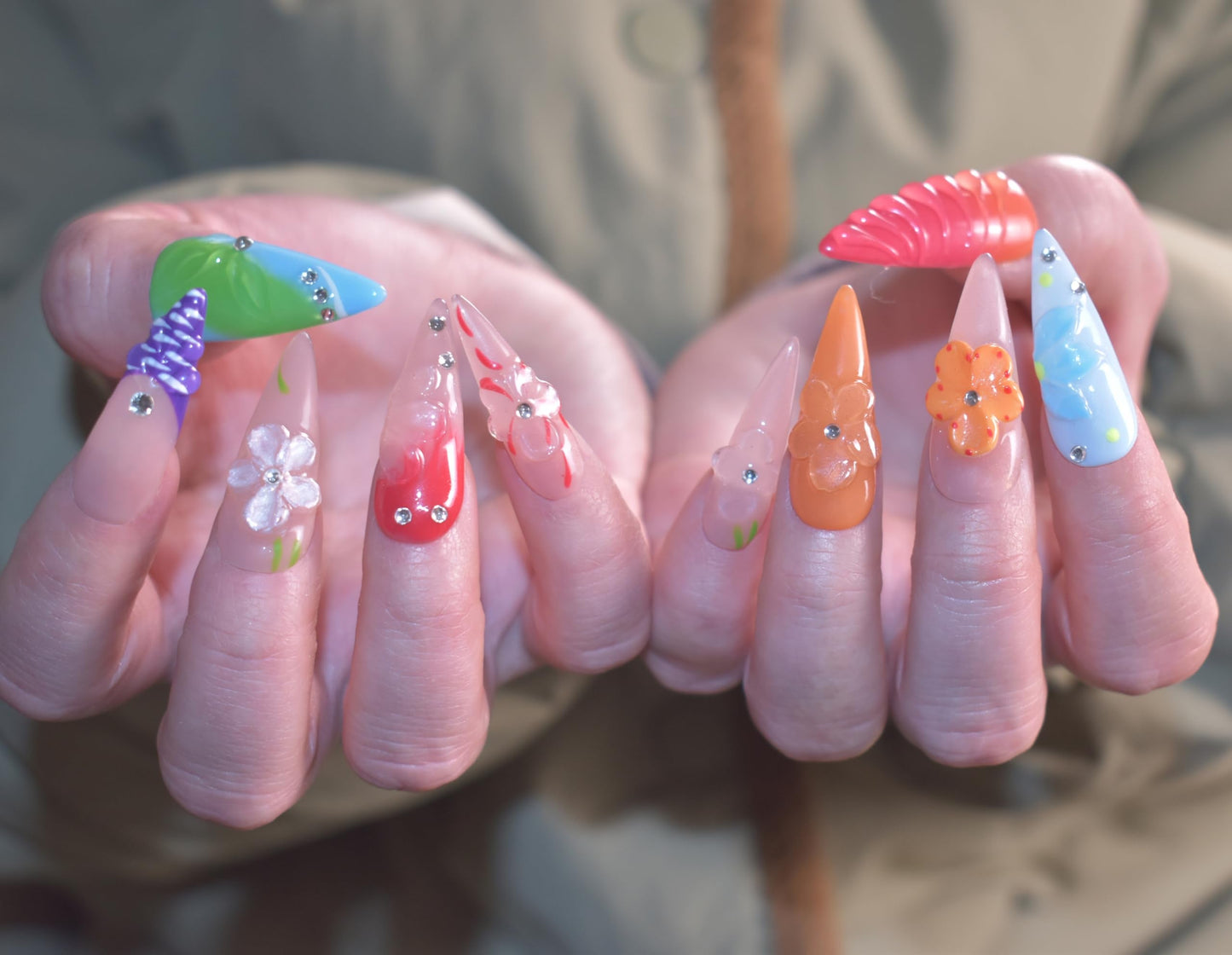 LIFOOST Handmade Press On Nails Long Stiletto Fake Nails Glue Stick On Nails with Flowers Bling Rhinestones