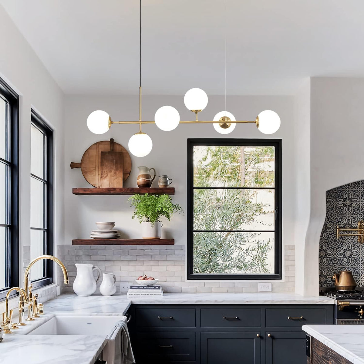 KCO Lighting Modern Globe Linear Chandelier 6 Light Milk Glass Chandeliers White and Gold Pendant Light Fixture Mid Century Rectangle Chandelier Brass Sputnik Island Lights for Kitchen