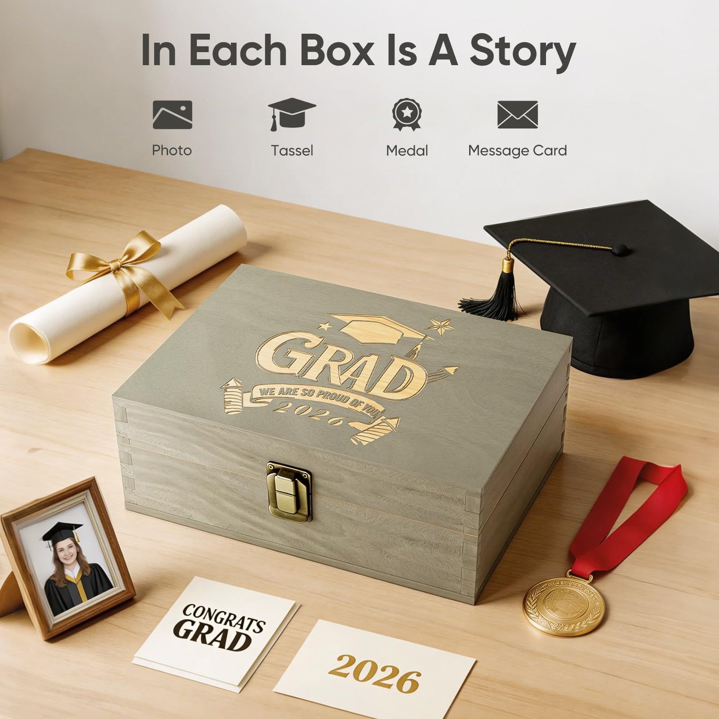 REMEIT Graduation Keepsake Box - Engraved Grad 2026 Wood Memory Box Congrats Grad Gift for Him Her, Perfect for Storing Graduation Memories & Mementos