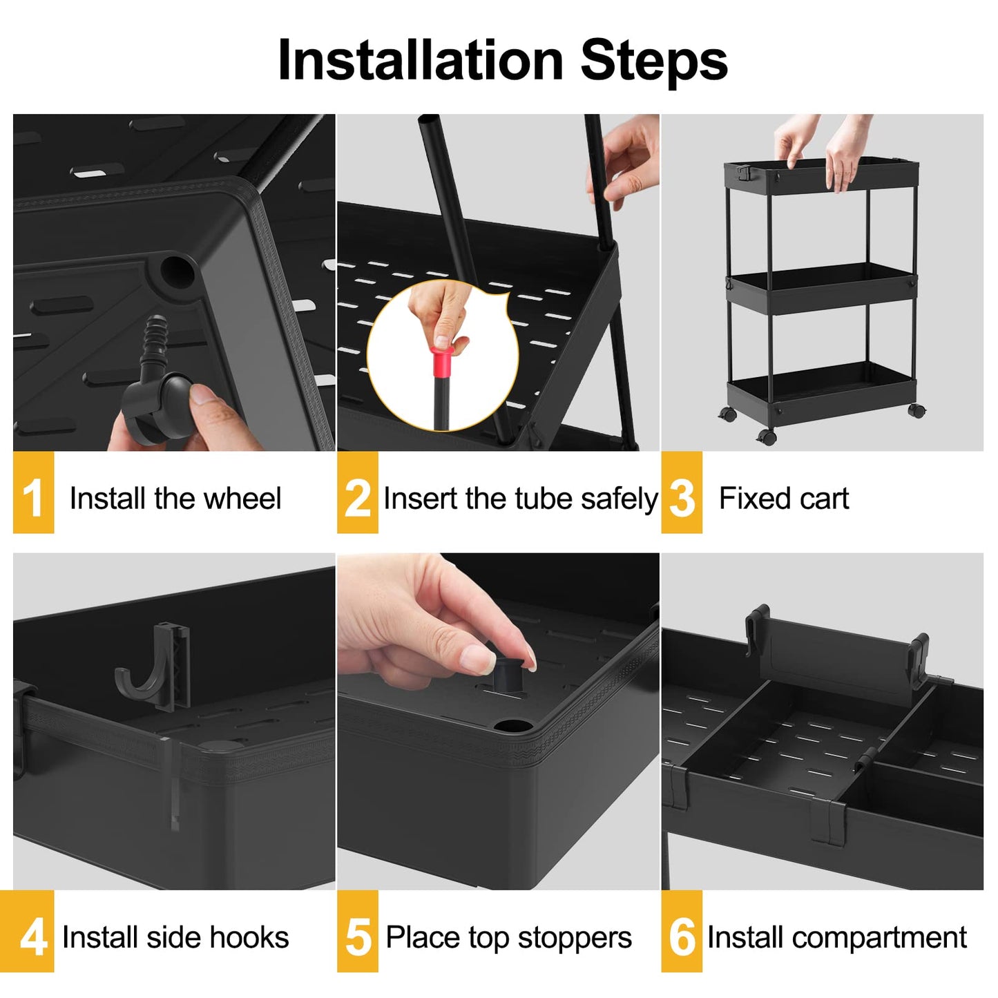 SPACELEAD 3 Tier Rolling Cart with Wheels, Storage Craft Art Trolley Organizer Serving, 3 Hanging Baskets Easy Assembly, for Office, Bathroom，Living Room, Kitchen, Black