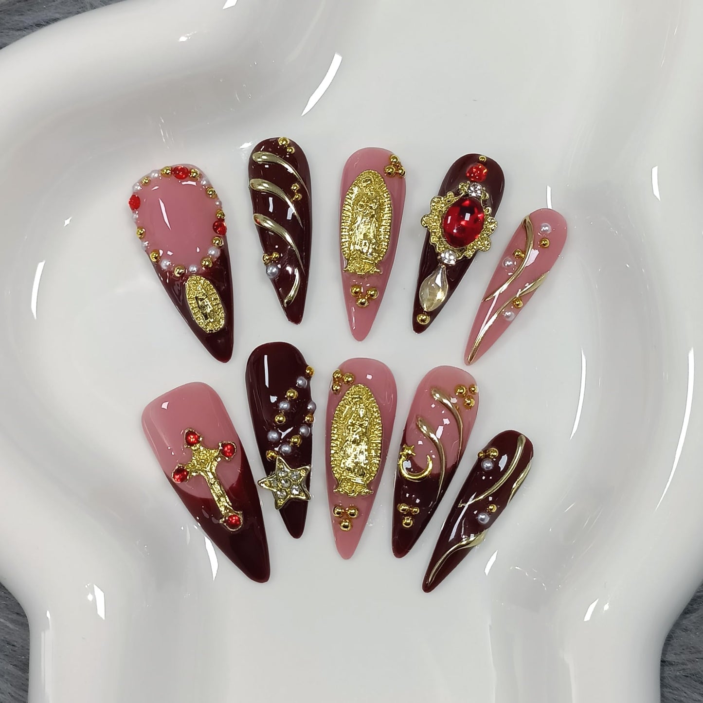 TENPAL Handmade Press on Nails Long Stiletto - Nude Pink Wine Cross Design Fake Nails with 3D Religious Charm | Acrylic Glossy Icy False Nails with Tools | Chapelcore Y2K Nails(M)