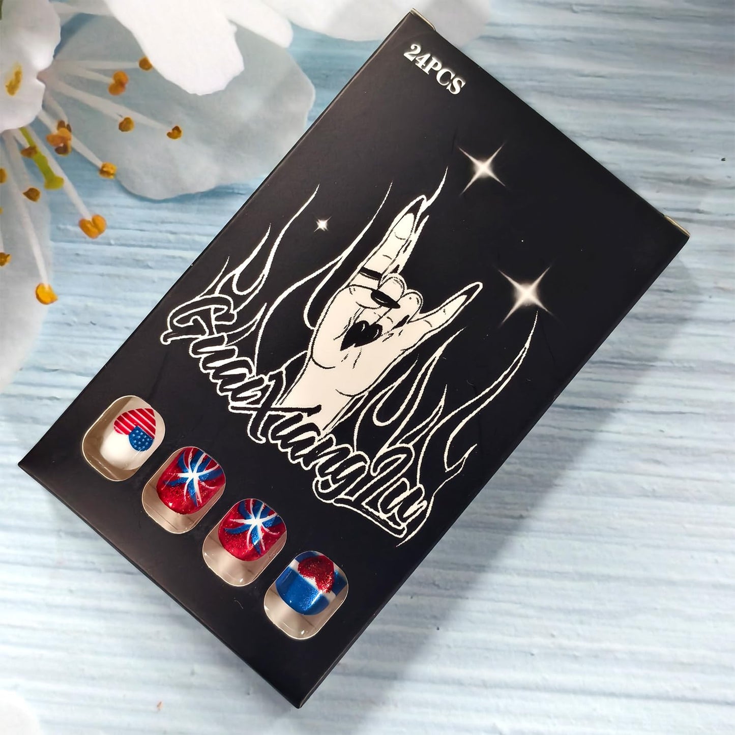 4th of July Press on Nails Square Shaped Artificial Acrylic Love Heart US Flag White Lines with Fireworks Glitter Short Independence Day Press Ons Artificial Fingernails for Women Holiday Manicure