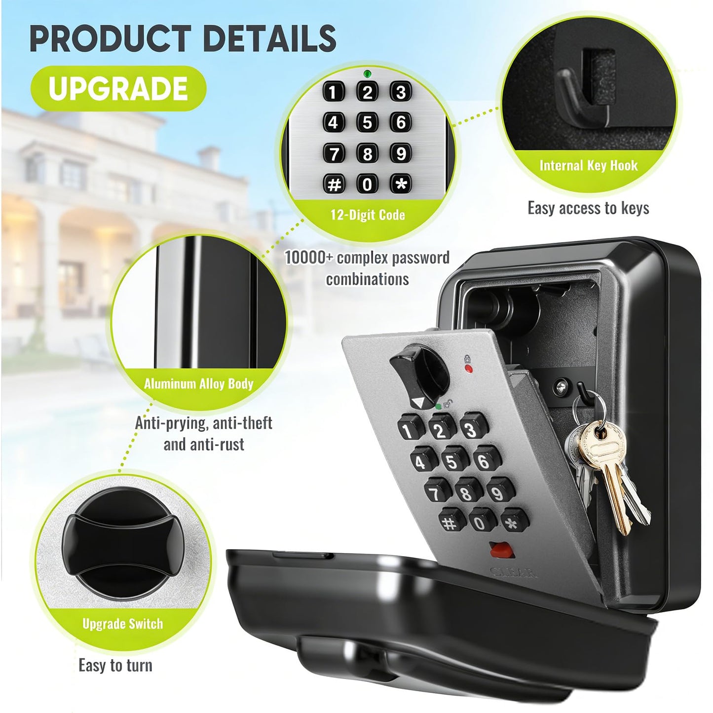 BKNOOU Sturdy Waterproof Key Lock Box for Outside, Large Capacity Wall Mount Lock Box for Keys with Code, 12-Digit Combination Resettable Security Lockbox for Outdoor House Spare Keys, Home, Garage