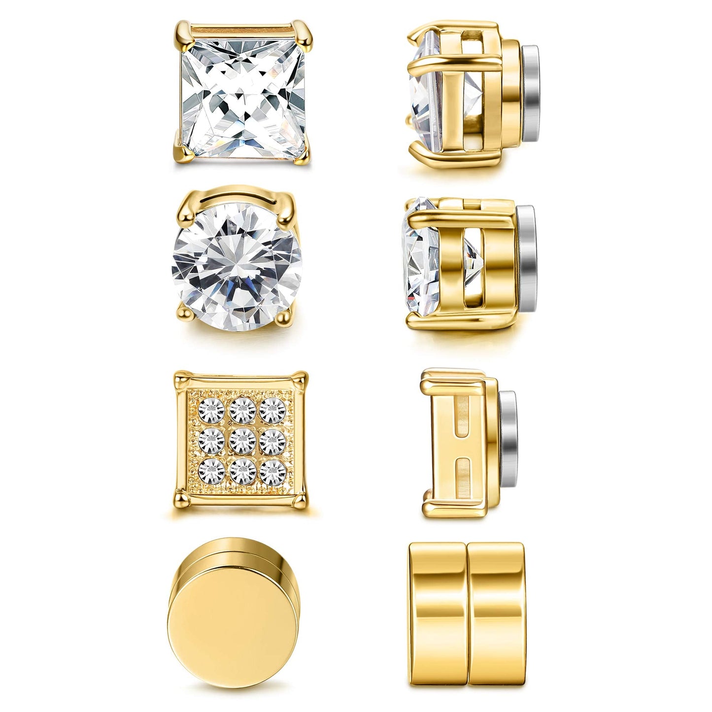 Jstyle 4 Pairs Stainless Steel Magnetic Stud Earrings for Men Women Gold CZ Non-Piercing Clip On Stud Earrings Set 7 MM