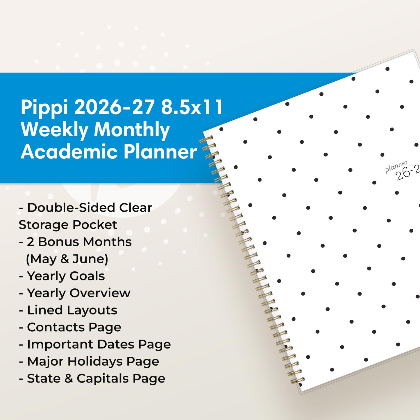 Blue Sky 2026-2027 Weekly and Monthly Academic Year Planner Calendar, July 2026 - June 2027, 8.5" x 11", Flexible Cover, Wirebound, Laminated Tabs, Storage Pocket, Pippi