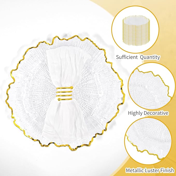 24 Pcs Clear Charger Plates Bulk 13 Inch Plastic Charger Plates for Dinner Plate, Clear with Gold Rim Chargers for Table Setting, Reef Design Plate Floral Decor Round Chargers for Wedding Party Event