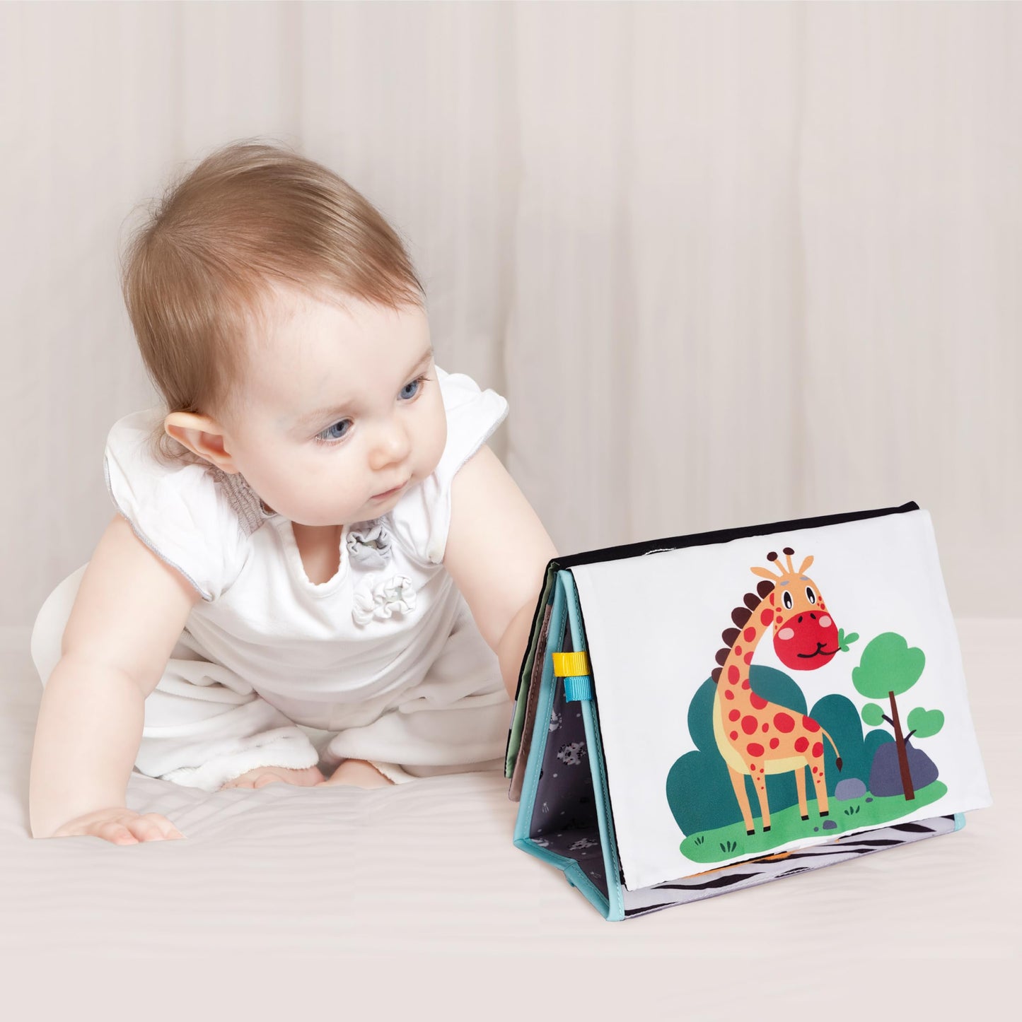 TINITIGIES Tummy Time Mirror for Babies - High Contrast Baby Mirror Book with Silicone Teether & Crinkle Pages - Tummy Time Toys for Babies 0 3 6 9 Months