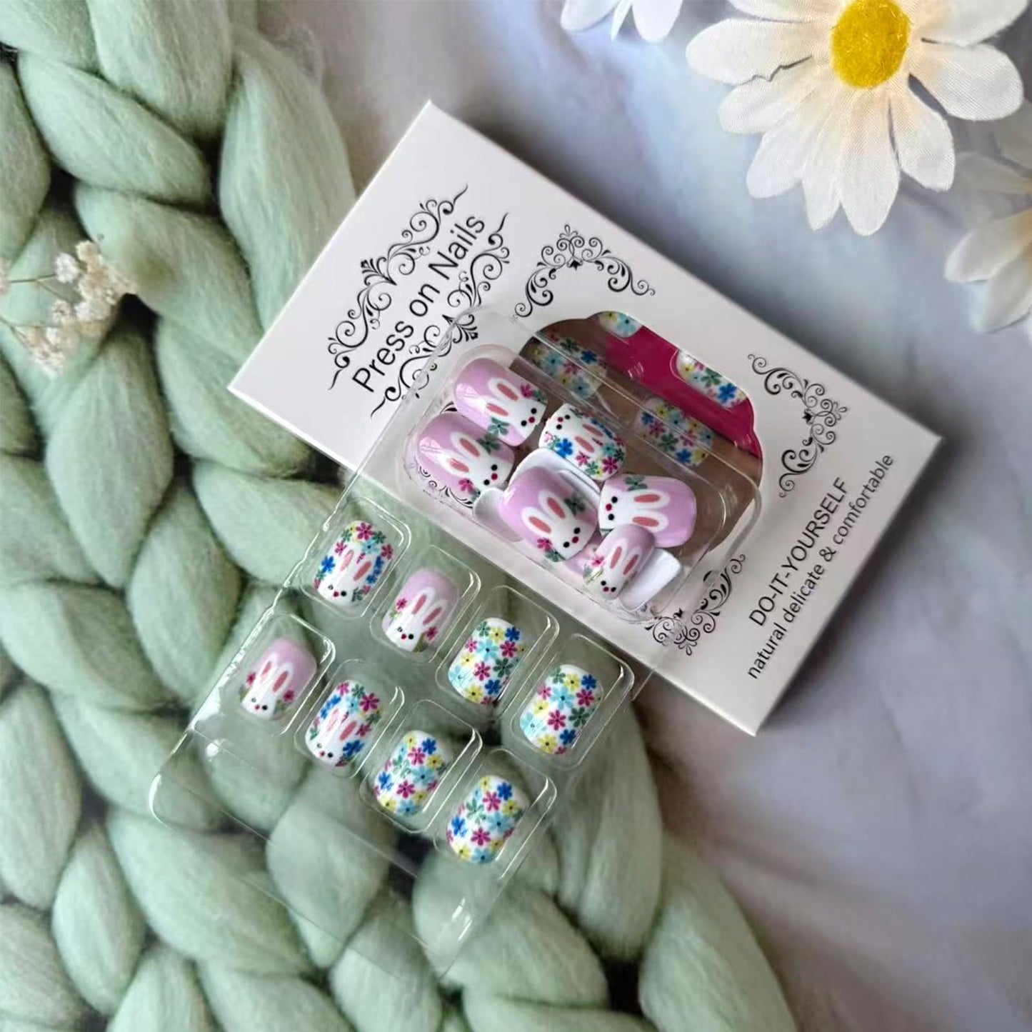 Colorful Flower Press on Nails Easter Short Square Fake Nails with Cute Bunny Designs Glossy Acrylic Nail Press ons Spring Floral False Nails Full Cover Glue on Nails for Women 24Pcs