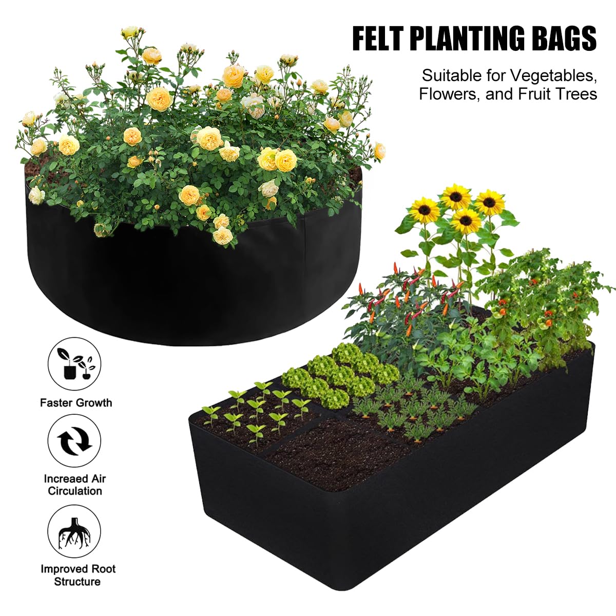 Kasoyo (2 Pack) 128 Gallon Rectangular Planting Bags and 50 Gallon Round Flower Bed Planting Bags, Suitable for Growing Vegetables, Potatoes and Flowers in The Garden