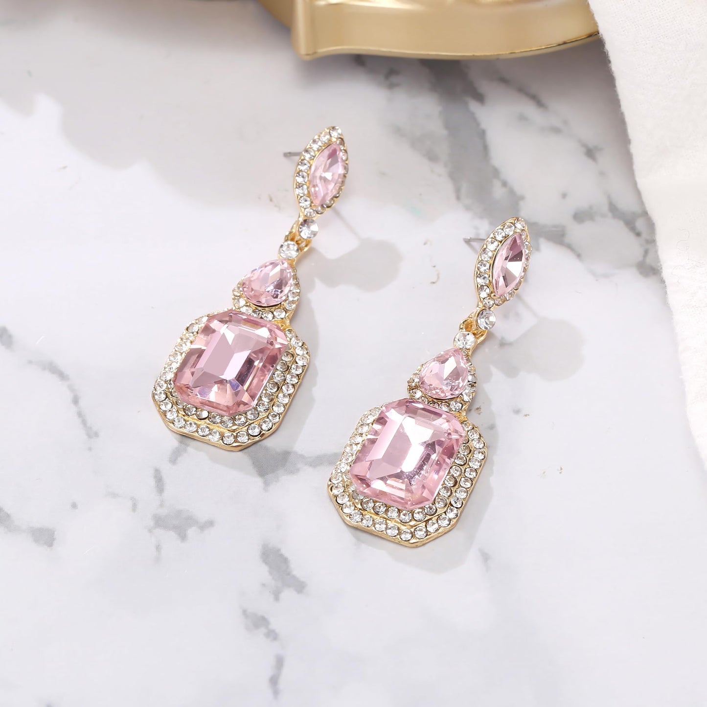 BriLove Wedding Bridal Dangle Earrings for Women Emerald Cut Crystal Infinity Figure 8 Chandelier Jewelry Pink Gold-Tone