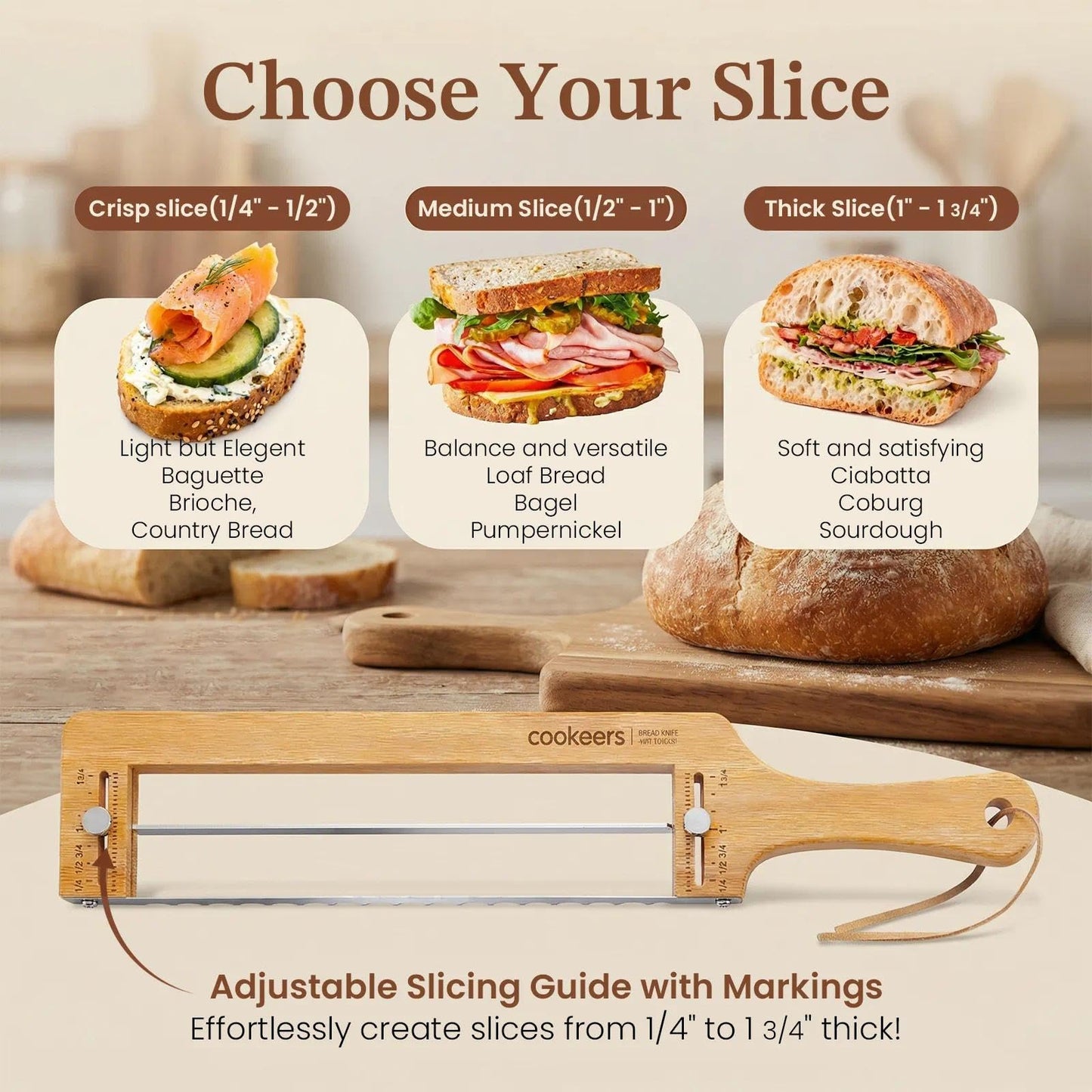 COOKEERS Adjustable Sourdough Bow Bread Knife – Large Bread Slicer for Homemade Bread with Serrated Stainless Steel Blade&Precision Thickness Guide, Even Slice Cutter for Baguettes, Bagels.