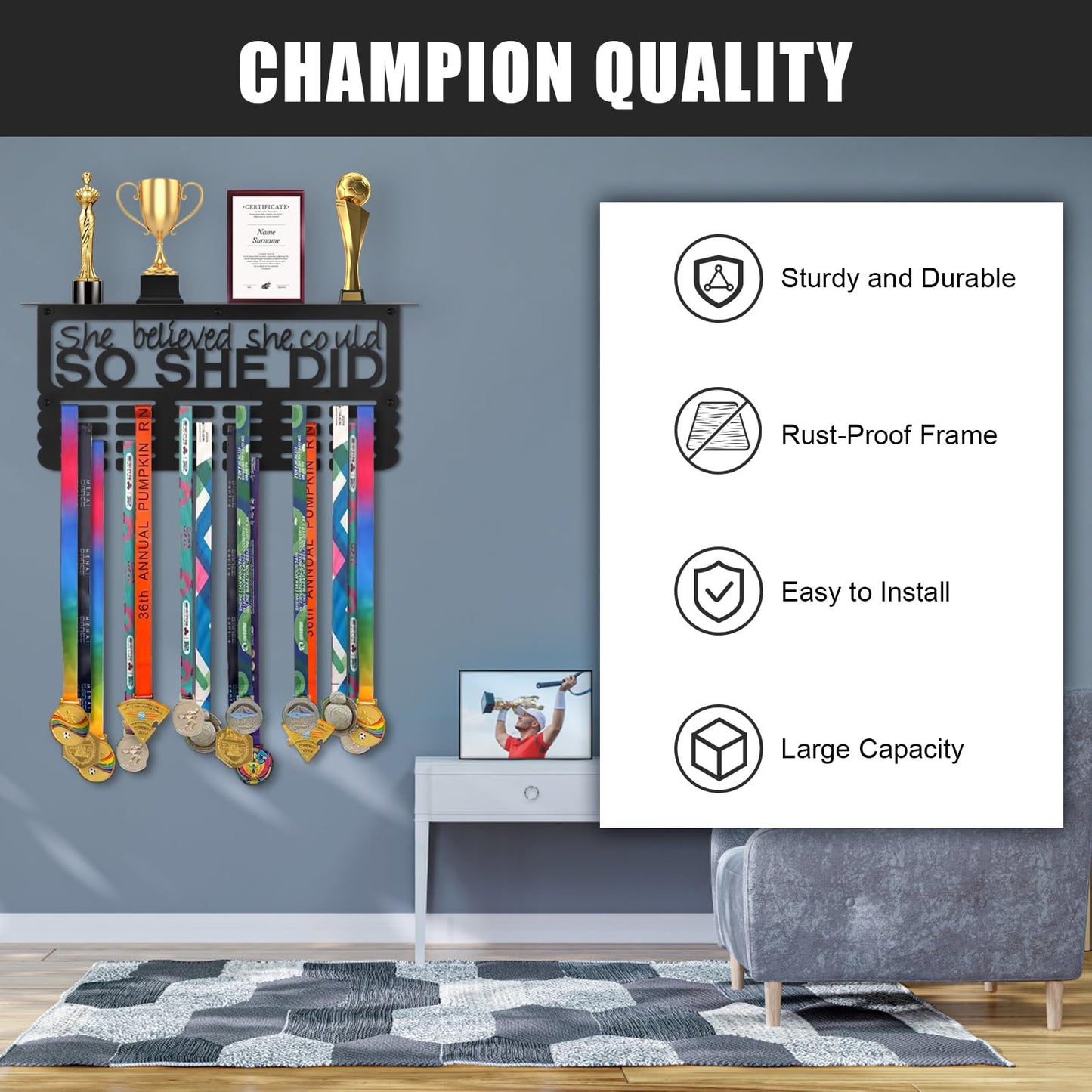 Takytao Medal Hanger Display with Trophy Shelf, Upgraded Sports Medal Holder Trophy Display Shelf Ribbon Holder Simple Wall Hanger (SHE BELIEVED SHE COULD SO SHE DID)