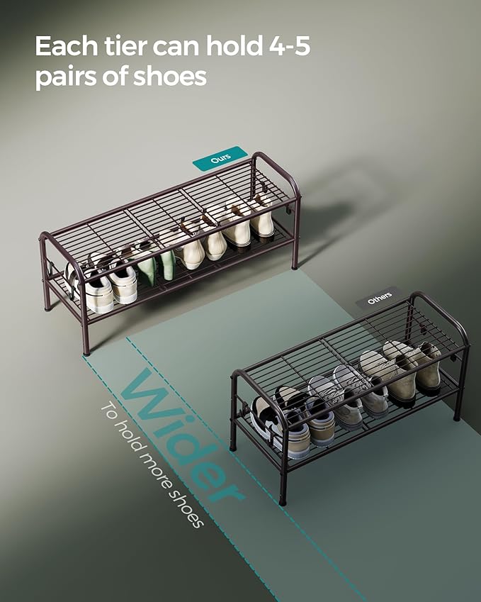 SONGMICS 2-Tier Shoe Organizer, Metal Shelf Storage With 4 Side Hooks, Holds 10 Pairs, Height-Adjustable Rack for Entryway, Hallway, Closet, Easy Assembly, Chestnut Brown