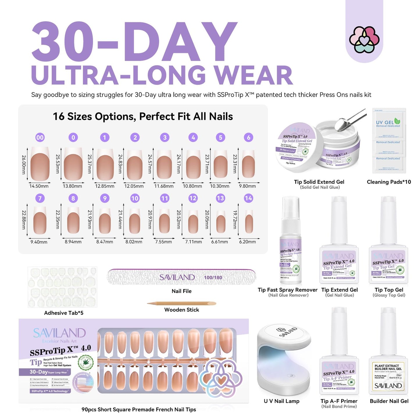 SAVILAND Press On Nails For Women: Gel Nail Kit Soft Gel Long Square Press Ons Nude Fake Nails 16 Sizes Long Lasting with Solid Nail Glue and Remover Bond Primer Builder Gels U V Lamp Tool