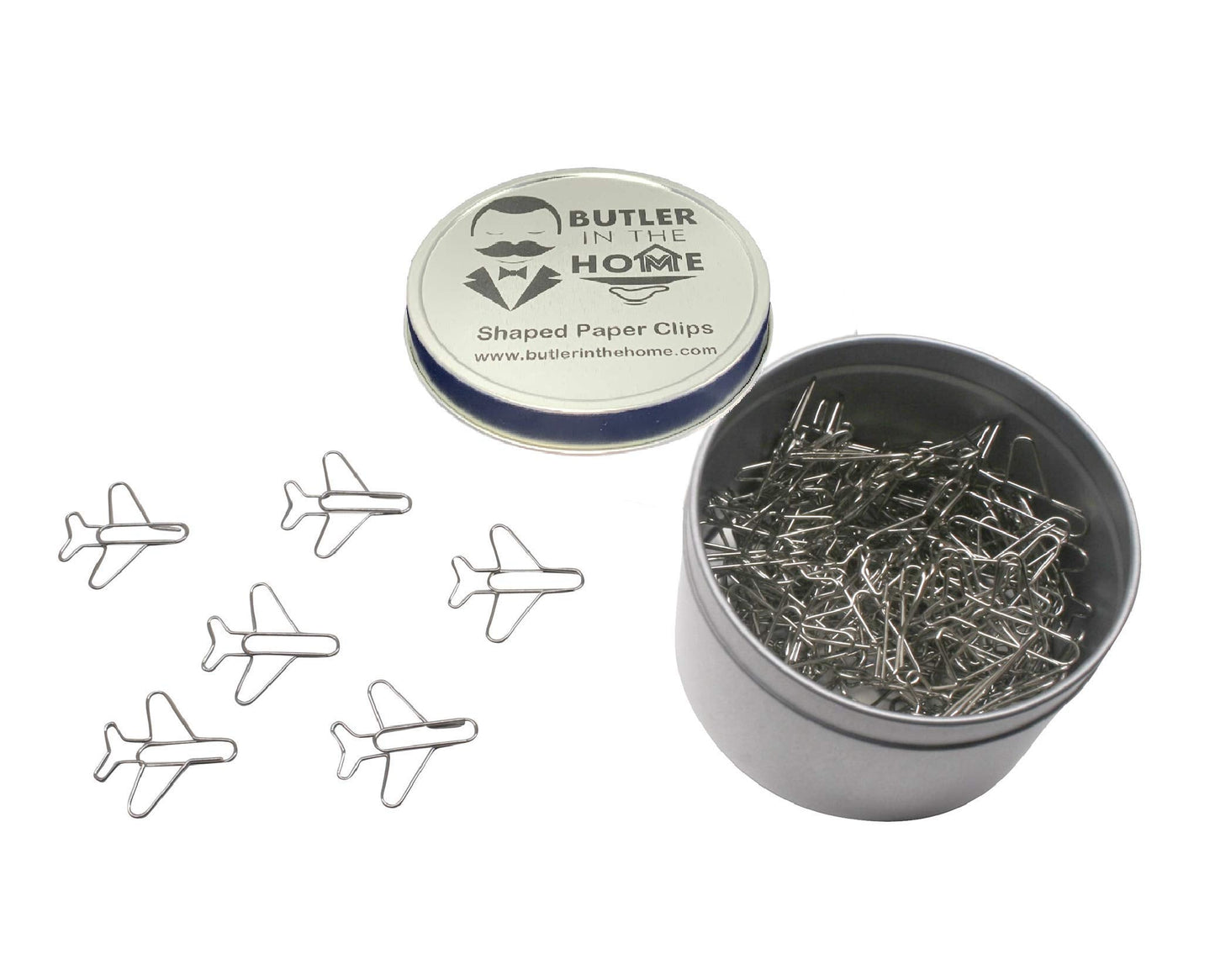 Airplane Shaped Paper Clips (100 Count) in Tin – Silver Decorative Clips for Office, Desk Accessories & Gifts – Butler in the Home