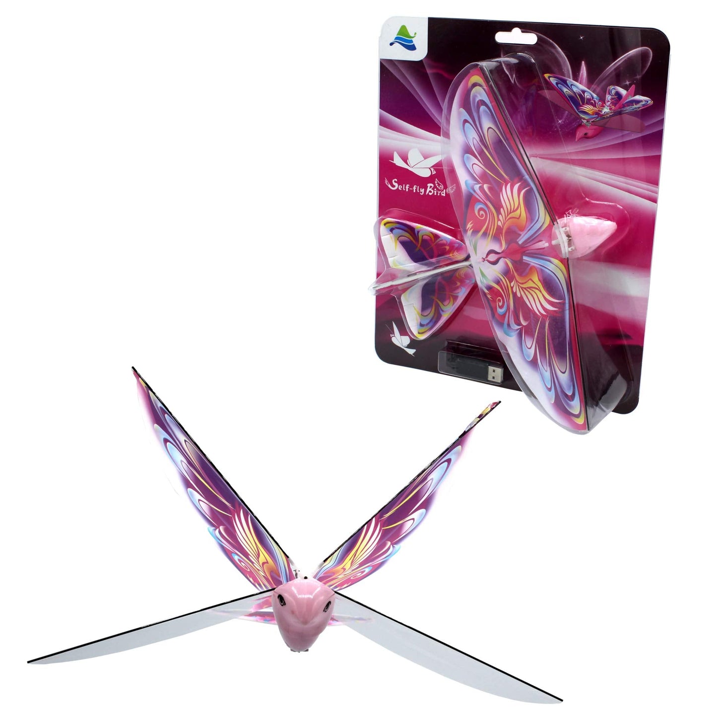 Self Flying eBird Pink Butterfly - Electronic Flying Bird Drone Toy. Adjust The Rudder to Make The Flapping Wings Bird Fly Forward and Back to You. 3 Flying Models! No Remote Control Needed