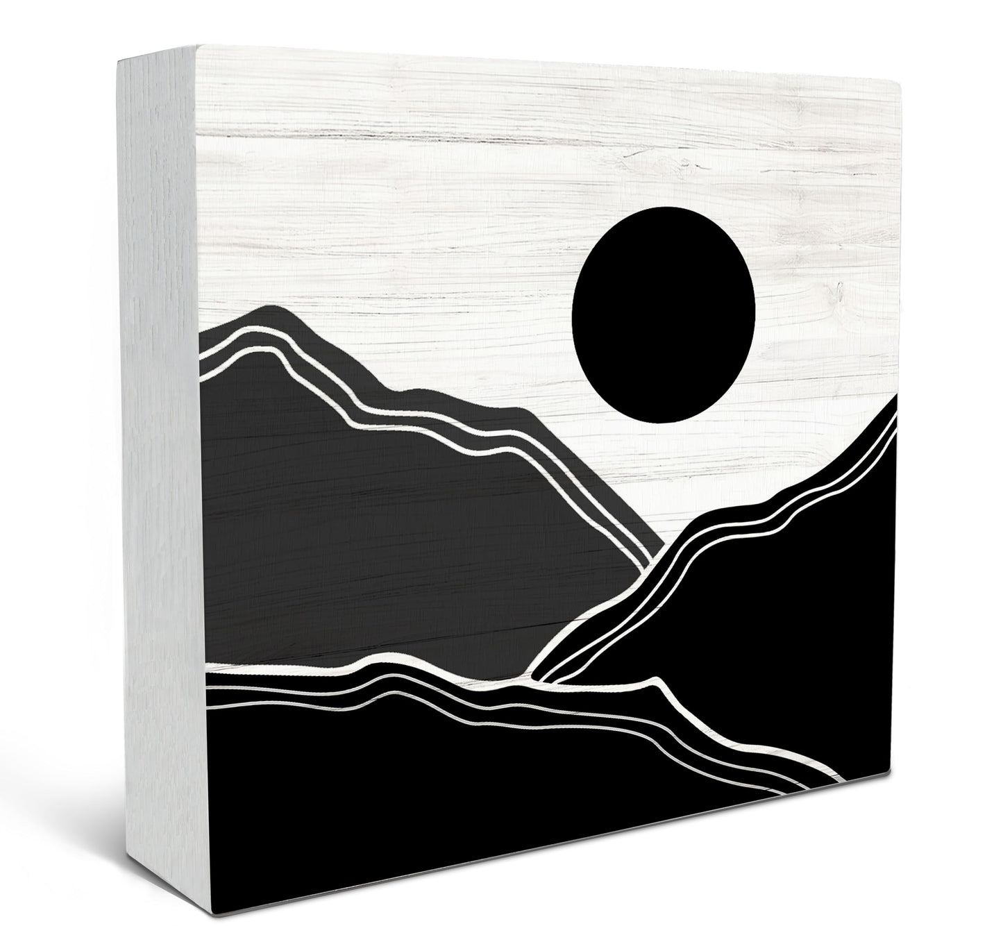 SRADMO Abstract Black and White Boho Sun Mountains Wood Box Sign Desk Decor, Bohemian Nature Landscape Wooden Block Box Sign Decoration for Home Office Shelf Table Decorative Accessories