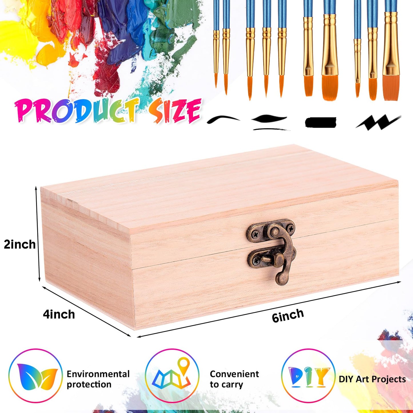 Barydat 24 Pack Unfinished Wooden Boxes for Crafts 6 x 4 x 2, Small Keepsake Box, Wood Box with 10 Paintbrushes and Hinged Lid Treasure Chest Wood Boxes for DIY Crafts Jewelry Birthday Party Favor