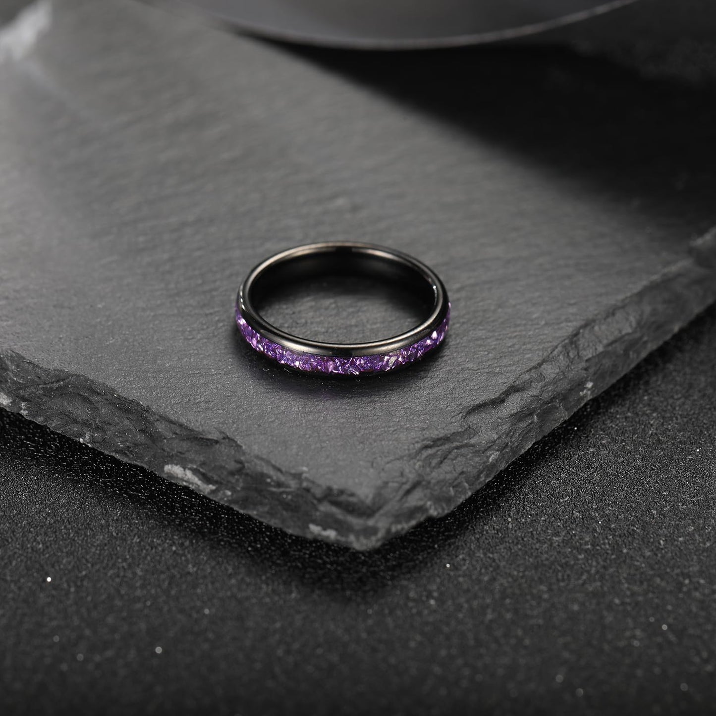 NUNCAD Women's Tungsten Rings 4mm Black Wedding Band Inlaid with Amethyst Center Polished Domed Comfort Fit Size 5-9