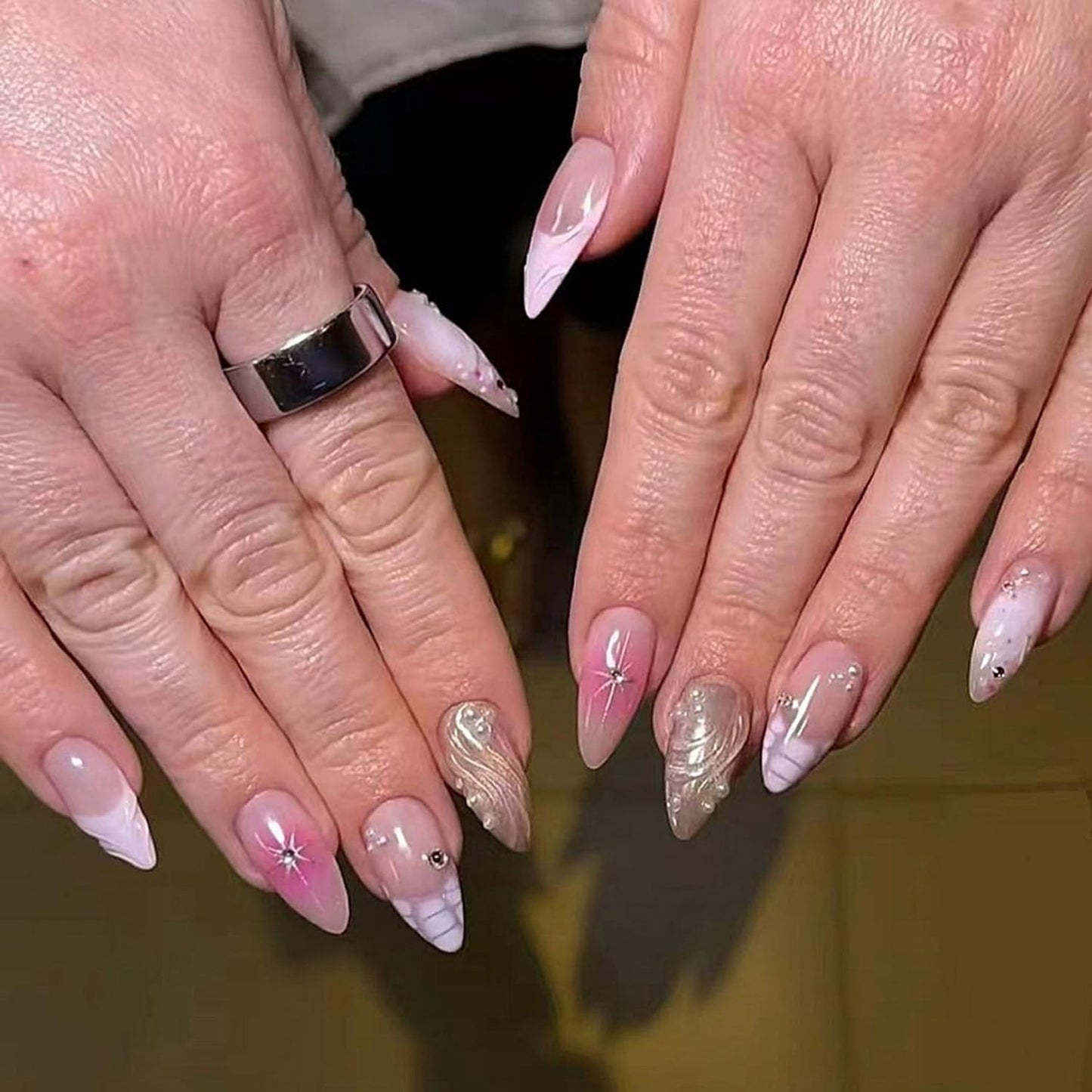 Pink Press on Nails Medium Almond Fake Nails 3D French Tip Water Ripple Artificial Glue on Nails with Rhinestone Pearl Charms Design Shiny Star False Nails Full Cover Stick on Nails for Women 24Pcs