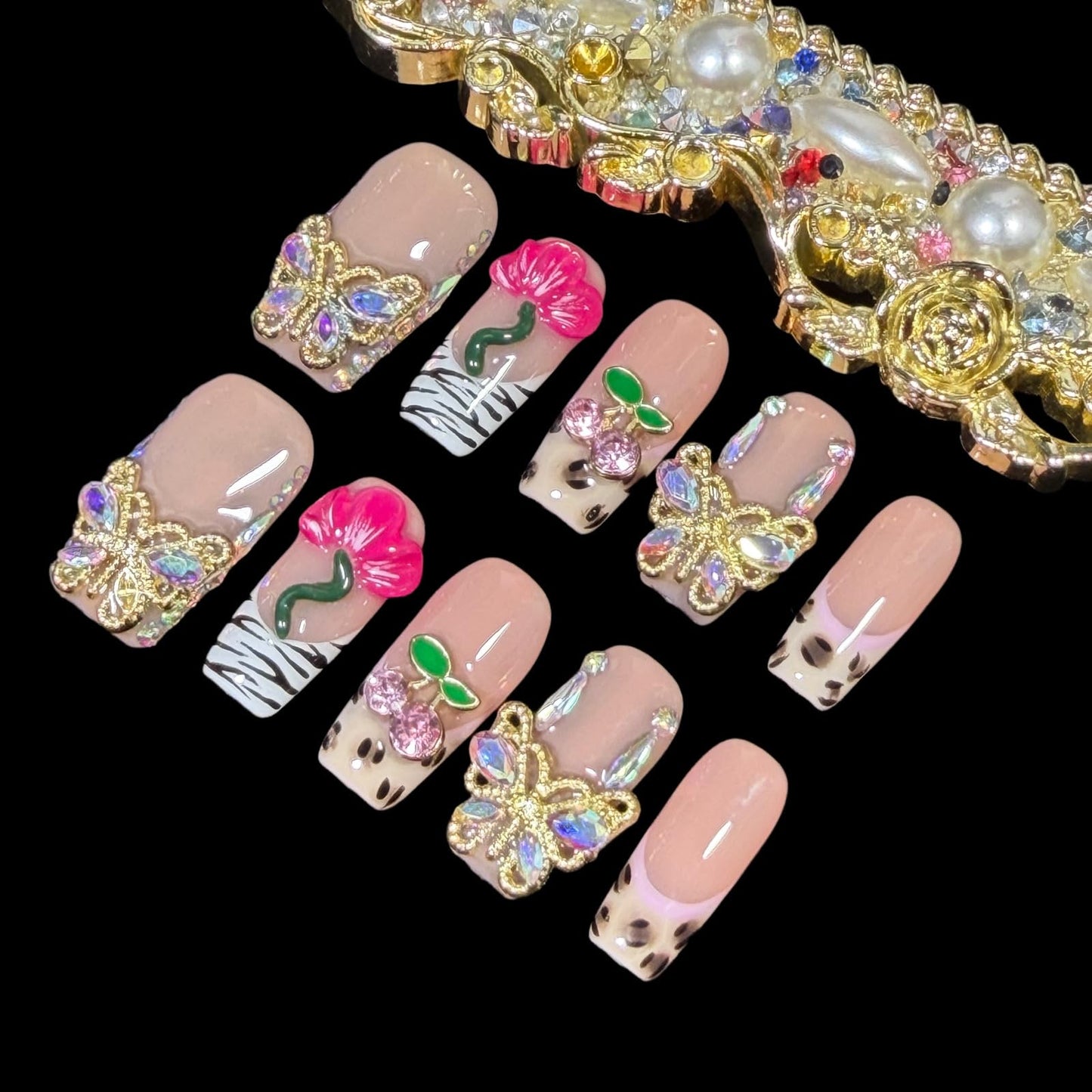 Handmade Press On Nails, Short Medium Square Nude Pink with 3D Butterfly & Flower Design, Reusable Acrylic Fake Nails with Crystals, Blush Garden (M)