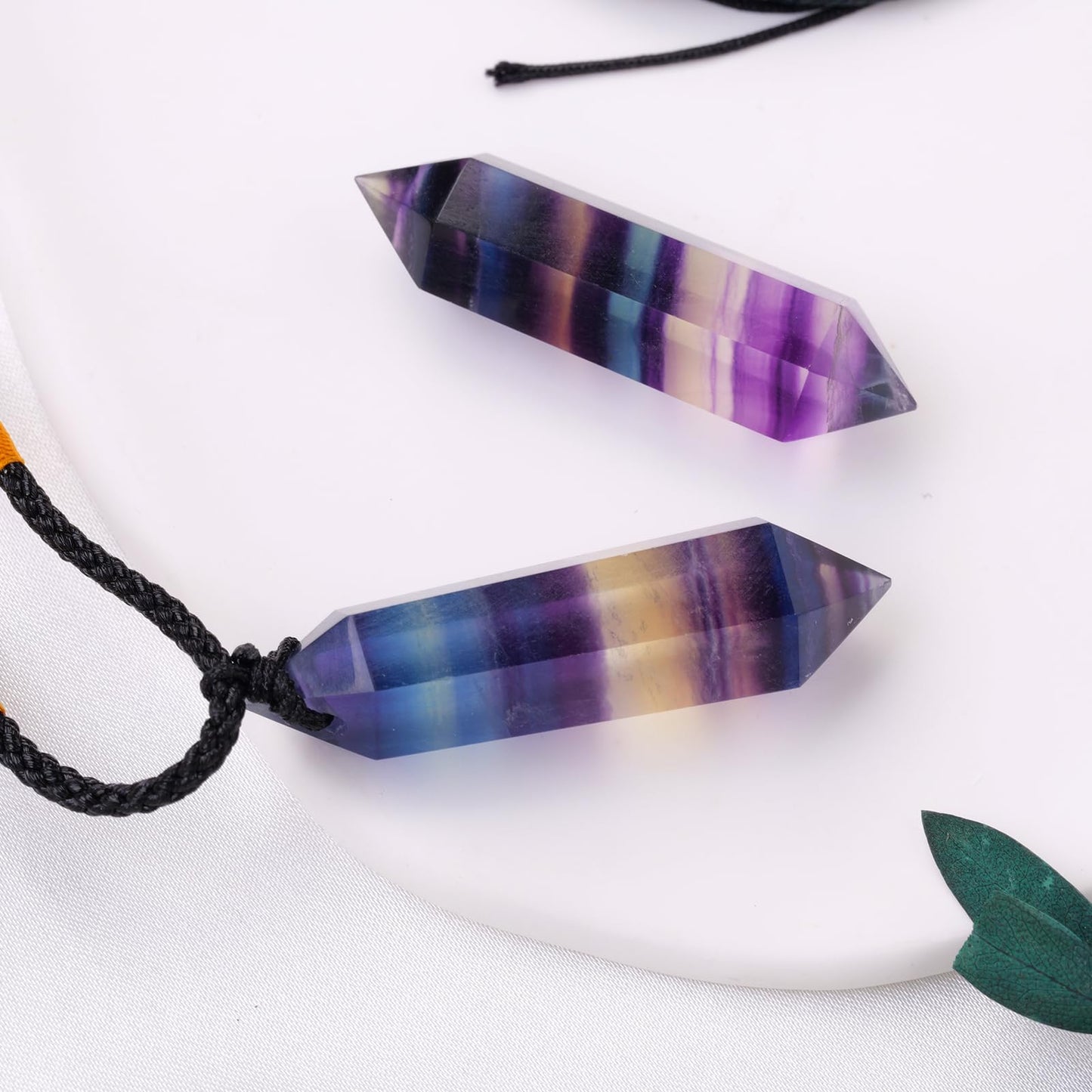 Runyangshi Rainbow Fluorite Healing Crystal Pendants, Double Pointed Natural Crystal Quartz Necklace 6 Faceted Chakra Crystal Wand Stone