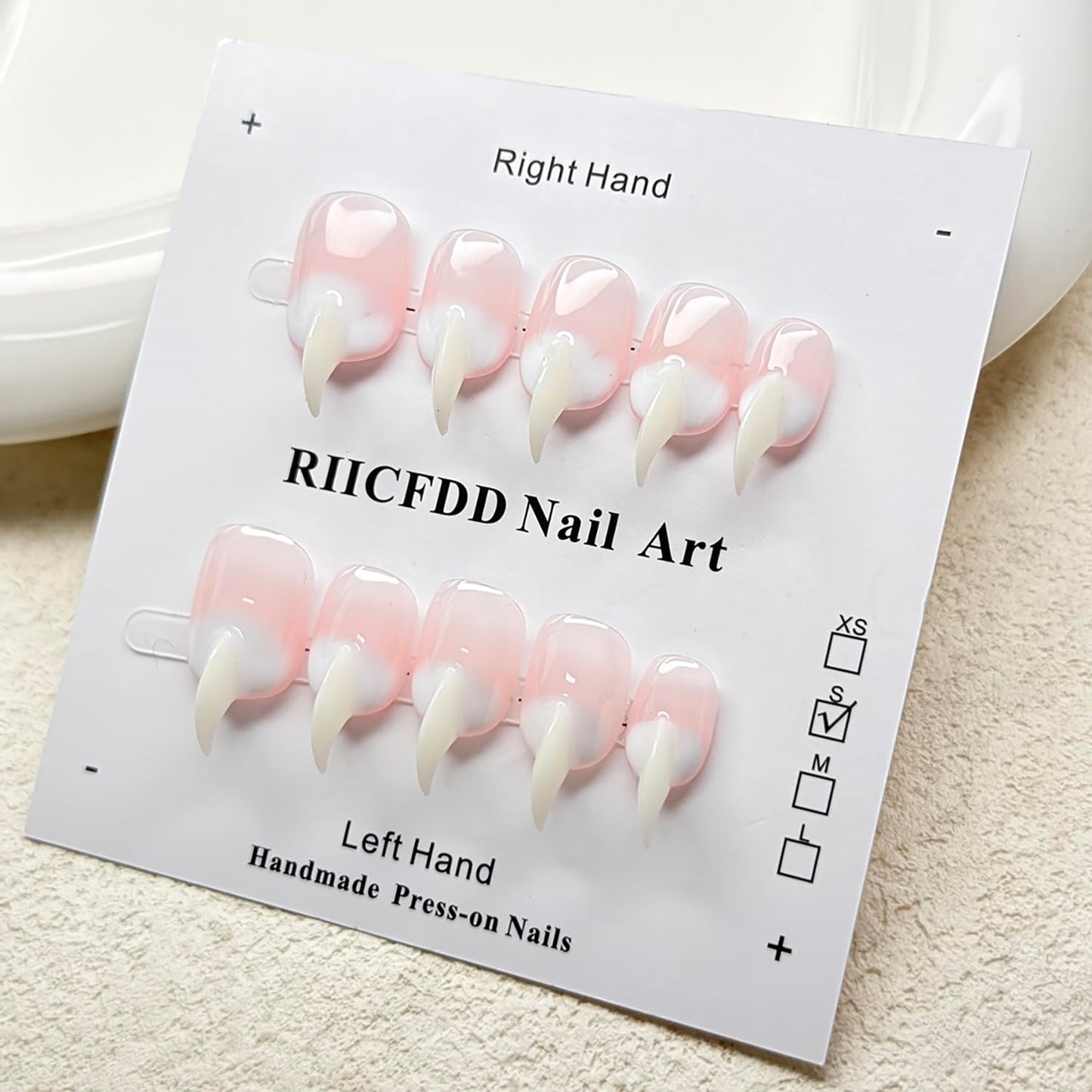 10 Pcs Handmade Press on Nails Medium Curved Stiletto Cat Claw Fake Nails Unique Pink White Designs Thick 3D Cat Claw Nails Press Ons Reusable Glossy Acrylic French Gradient Stick on Nail (S)