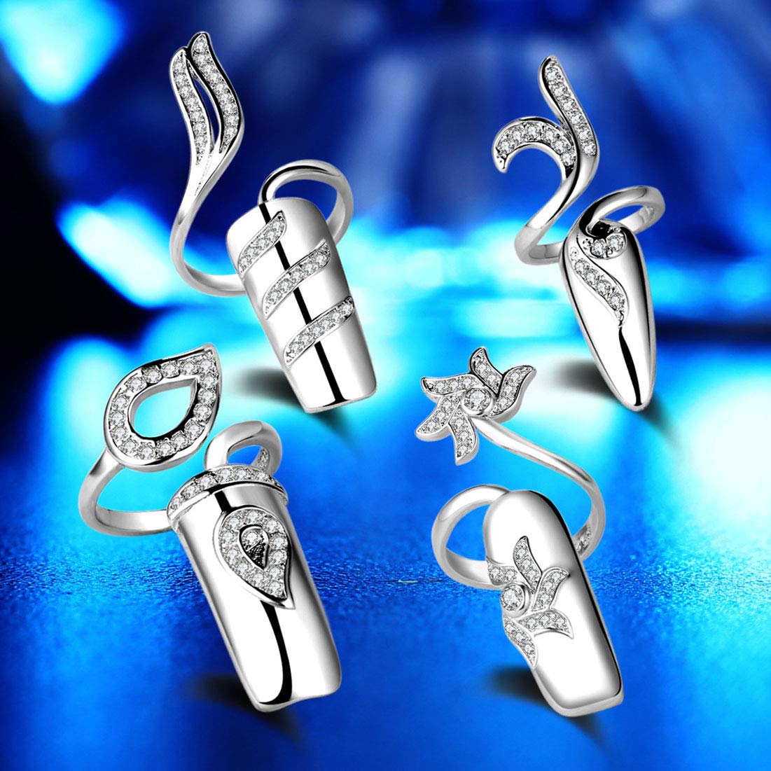 Suoirblss 4 PCS Women's Nail Cap Cover Ring Nail Protecting Fingernail Rhinestone Finger Tip Nail Ring Adjustable Opening Nail Art Charms Accessories (Silver)
