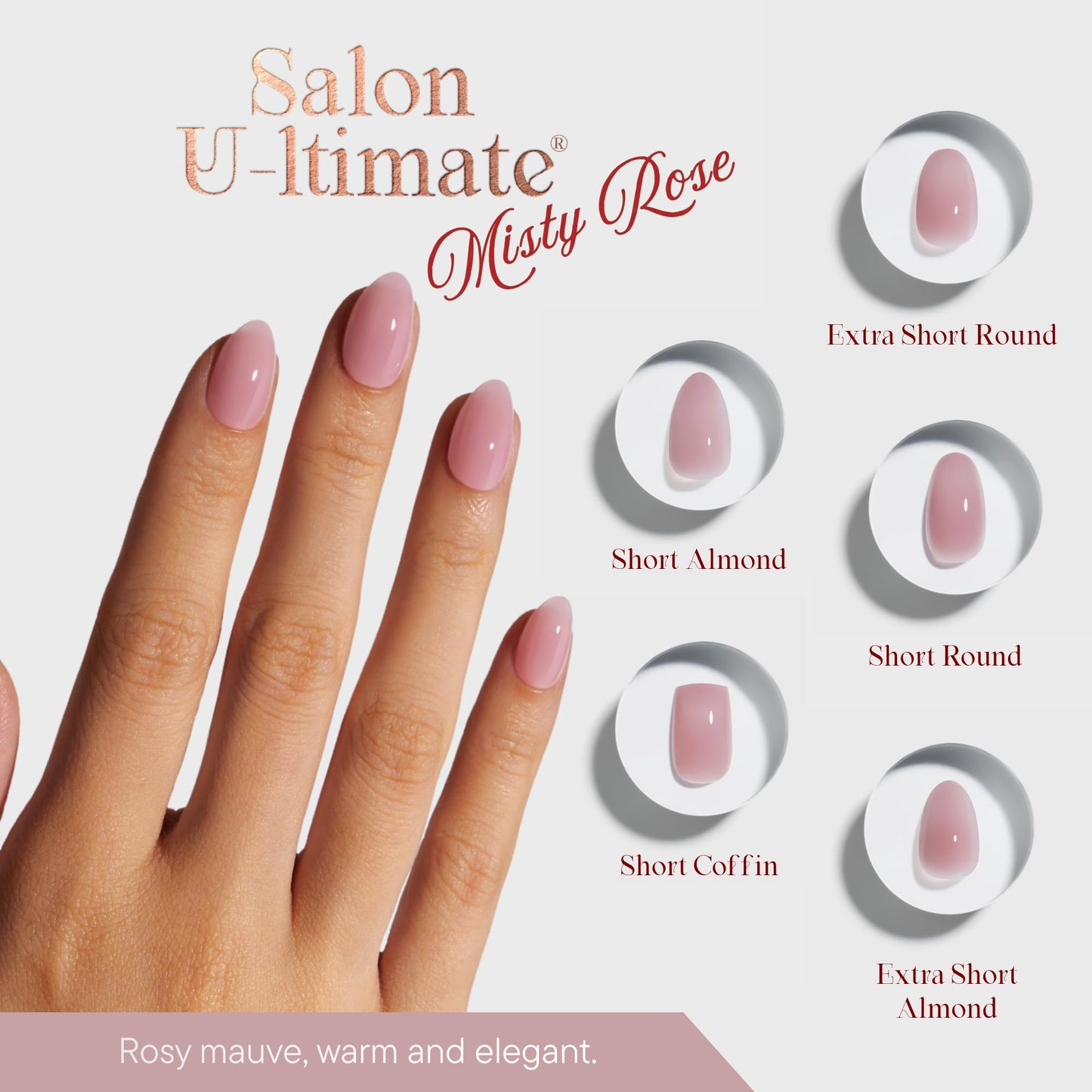 Celebritips Press On Nails - Salon U-ltimate™ | Misty Rose, Extra Short Almond Nails, Reusable | 16 sizes - 32 Nails Kit with Glue and Sticky Tabs