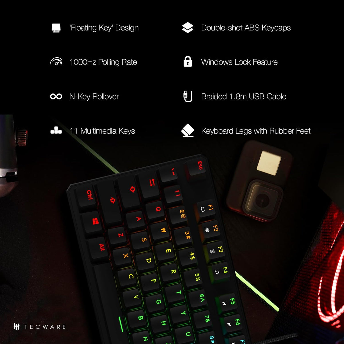 TECWARE Phantom 87 Key Mechanical Keyboard, RGB led, Typewriter Sound, Outemu Blue Switch