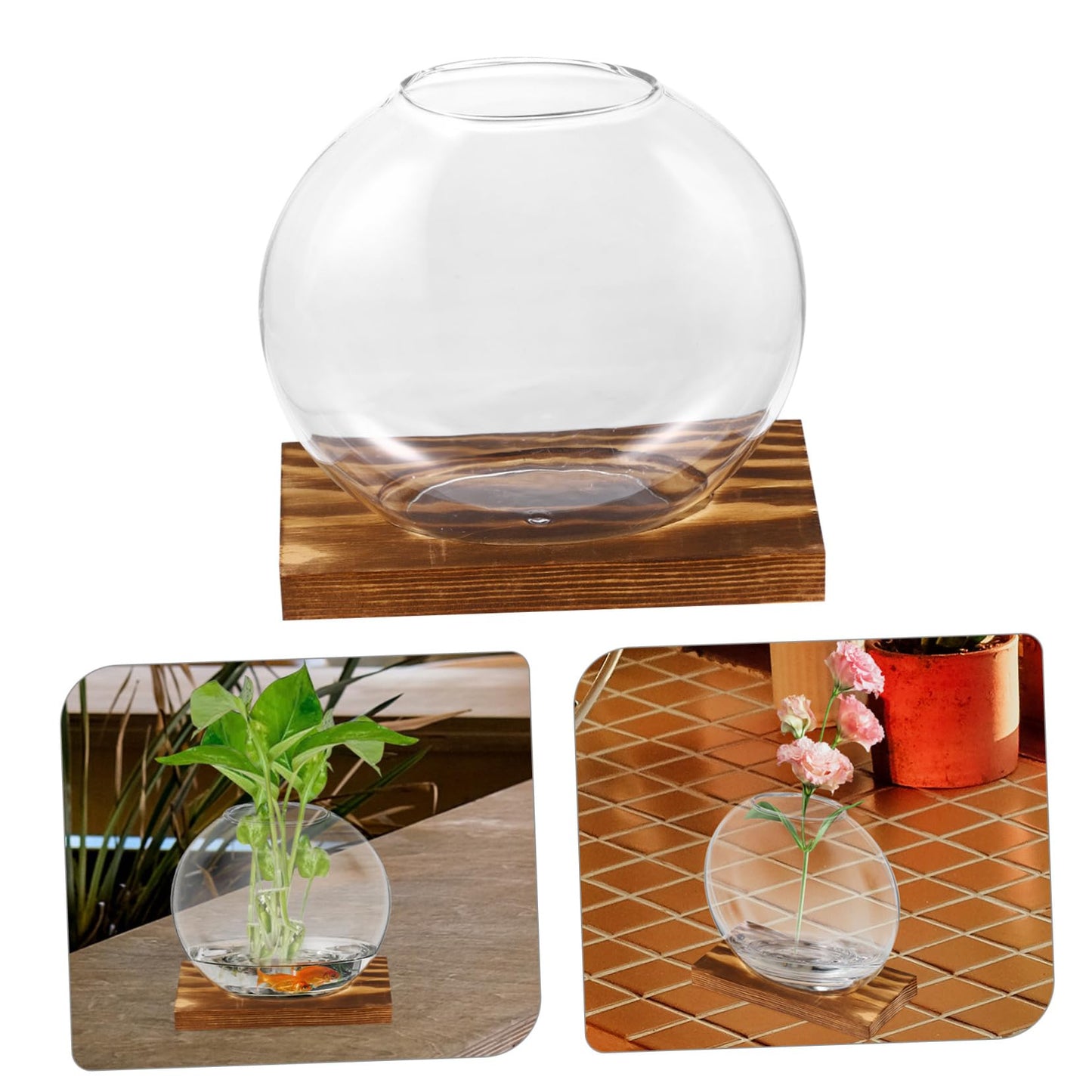 YOSADIER 2Sets Clear Glass Planter with Wooden Base Elegant Small Terrarium Vases for Home Office and Event Decor for Hydroponic Plants Like and African Violets