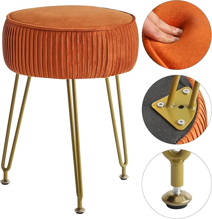 IBUYKE Velvet Round Footrest Stool Ottoman, Makeup Vanity Stool Side Table, Velvet Dressing Table Seat, Pouf Couch Stool, Golden Steel Legs, Orange LG-30J