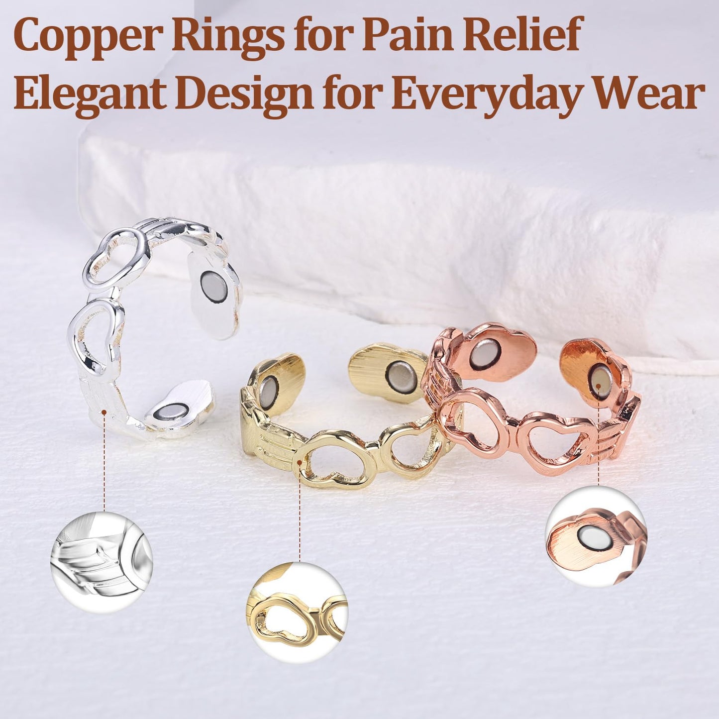 BioMag 3Pcs Copper Rings for Women, 99.99% Pure Copper Magnetic Lymphatic Drainage Rings Thumb Rings with Magnets, Adjustable Jewelry Gift with Box