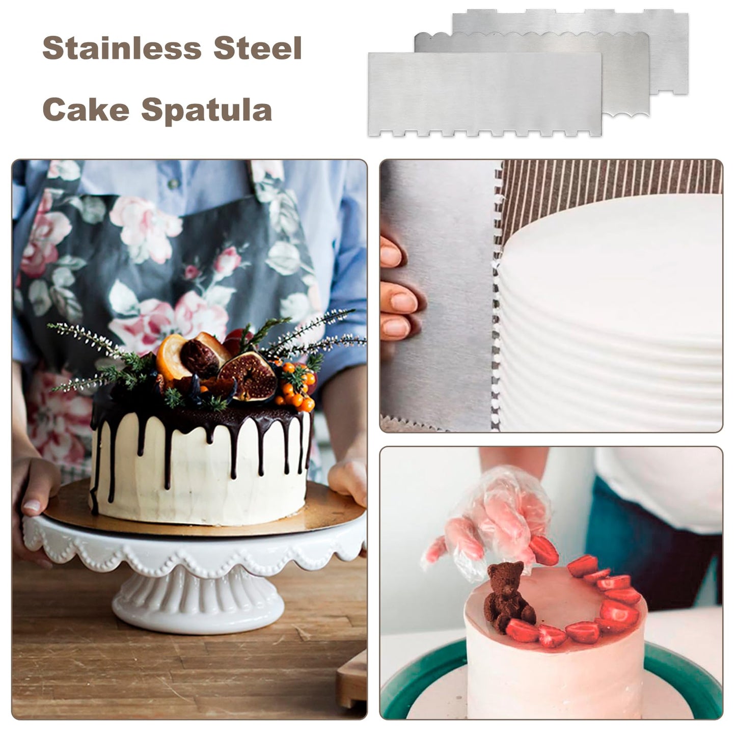 3 Piece Stainless Steel Cake Scraper, Metal Cake Smoother with Sided Patterned Edge, Double-Sided Design for Cake Decorating