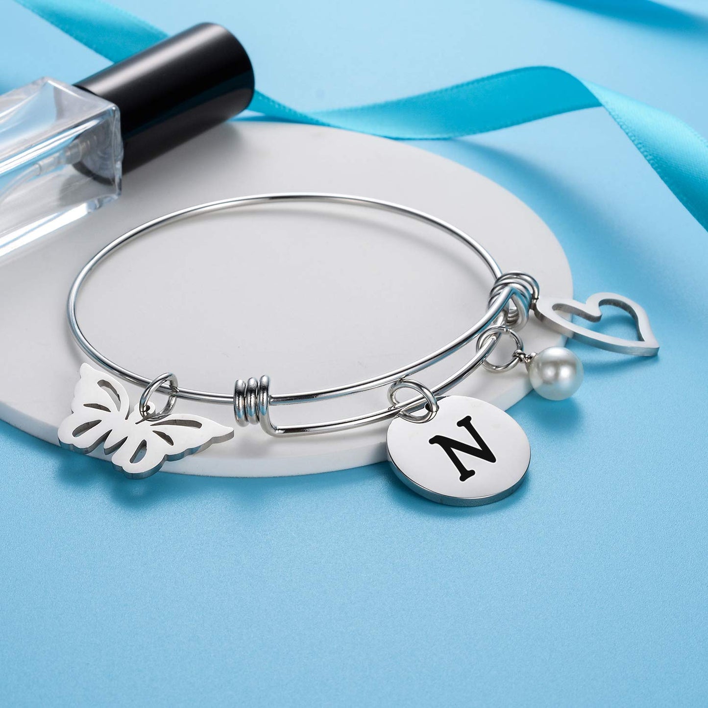 malyunin Initial Bracelet Charm Bracelets Heart Butterfly 26 Letters Alphabet Bracelet for Women Letter Bracelet Personalized Jewelry (N)