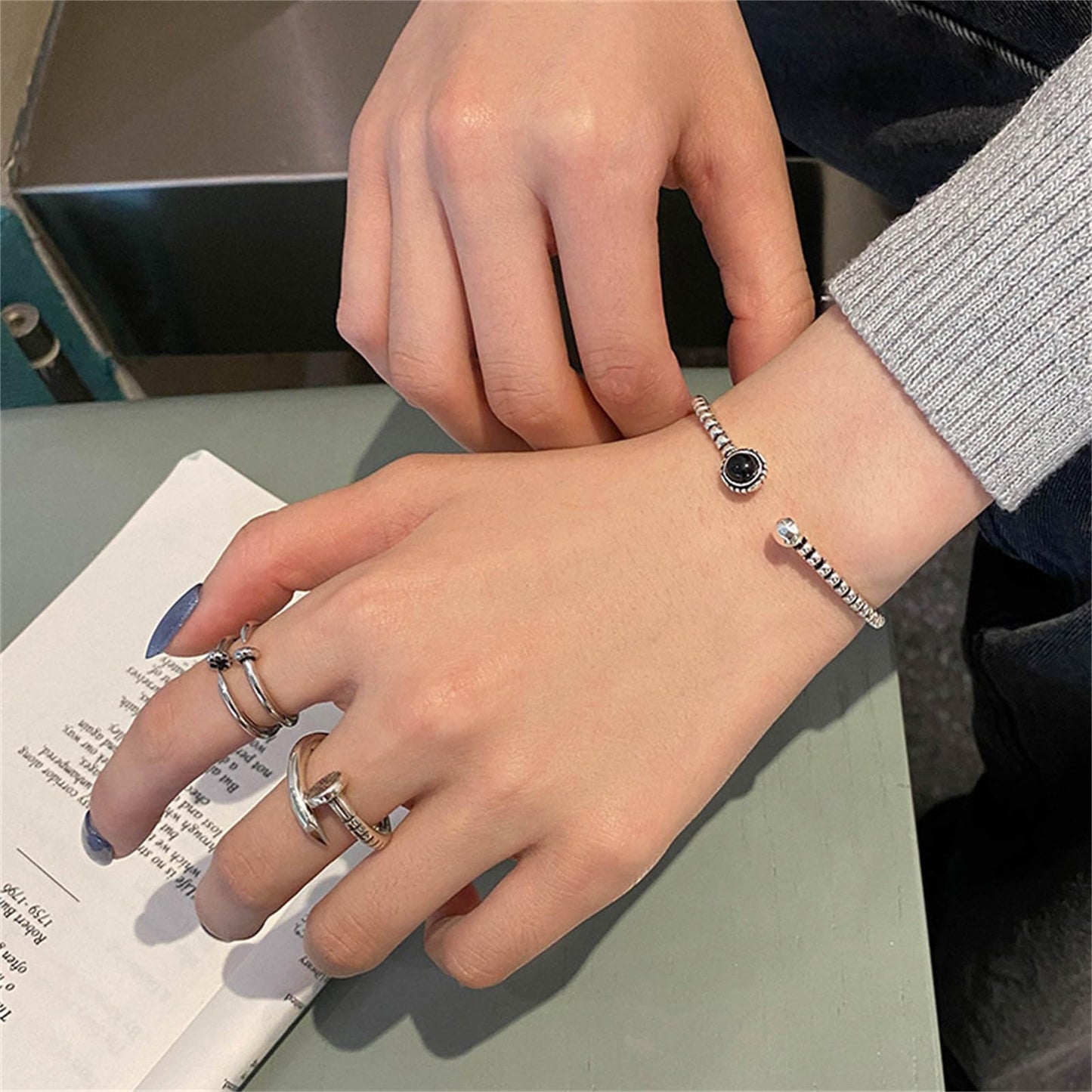 Handmade 925 Sterling Silver Bangle Bracelets For Women Natural Obsidian Bangle Bracelets Open Adjustable Cuff Bangles For Women Nature Stone Bangles Vintage Statement Cuff Bangles Jewelry Gifts