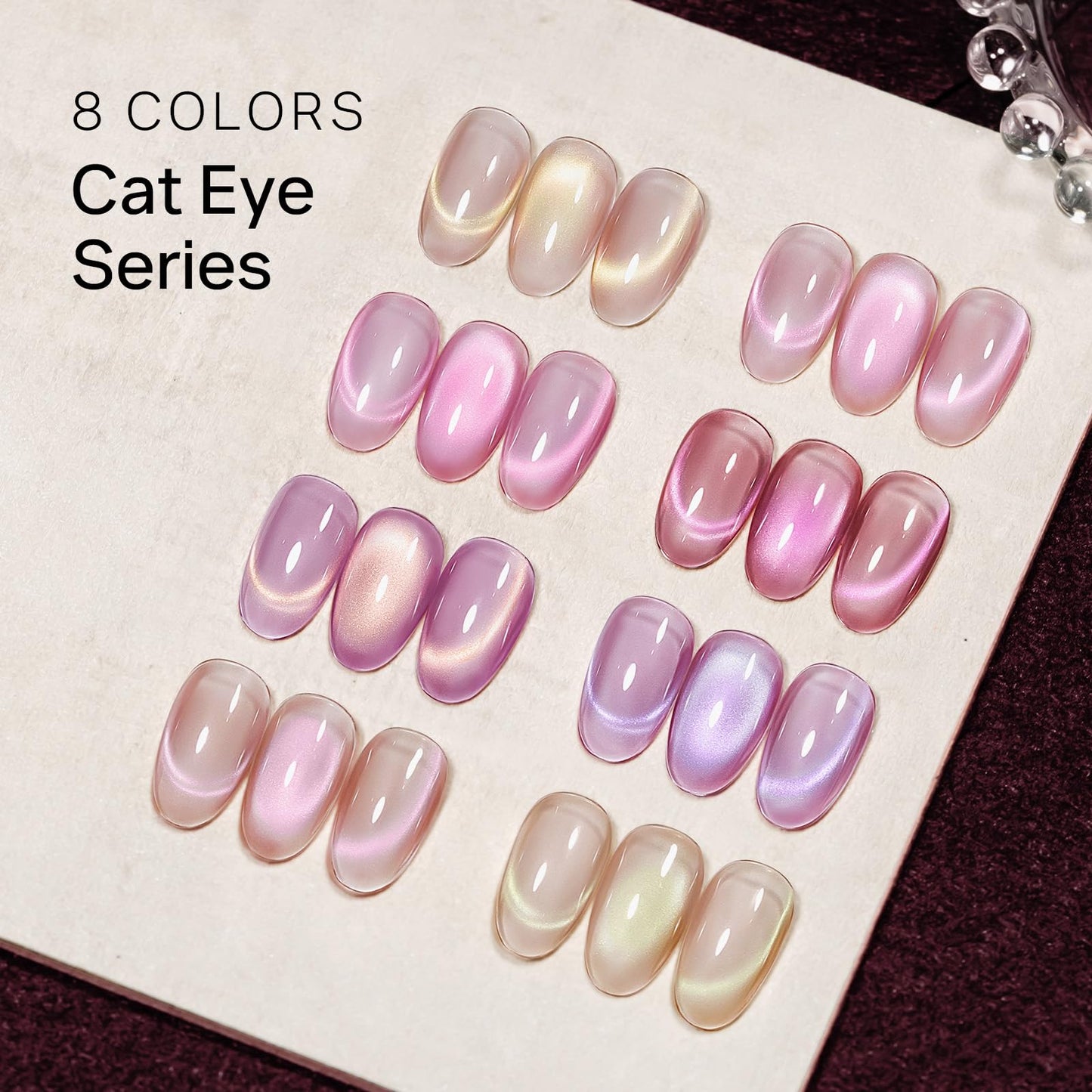 MIZHSE Cat Eye Gel Nail Polish, 8 Colors Pink Magnetic Gel Polish Set with Magnet Stick, Ceramics Effect Translucent Cats Eye Nails Soak Off Nail Art Manicure Home DIY Gift for Women