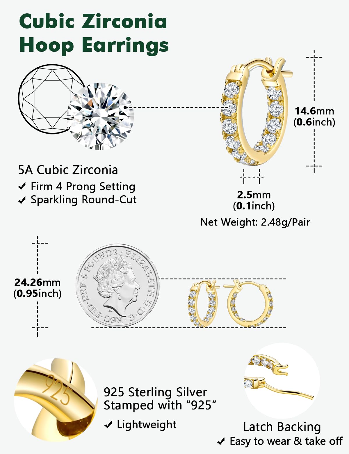 RANDES Cubic Zirconia Small Hoop Earrings for Women 14K Gold Plated Sterling Silver Created Diamond Earring Hoops Chunky Huggie Hoop Earrings