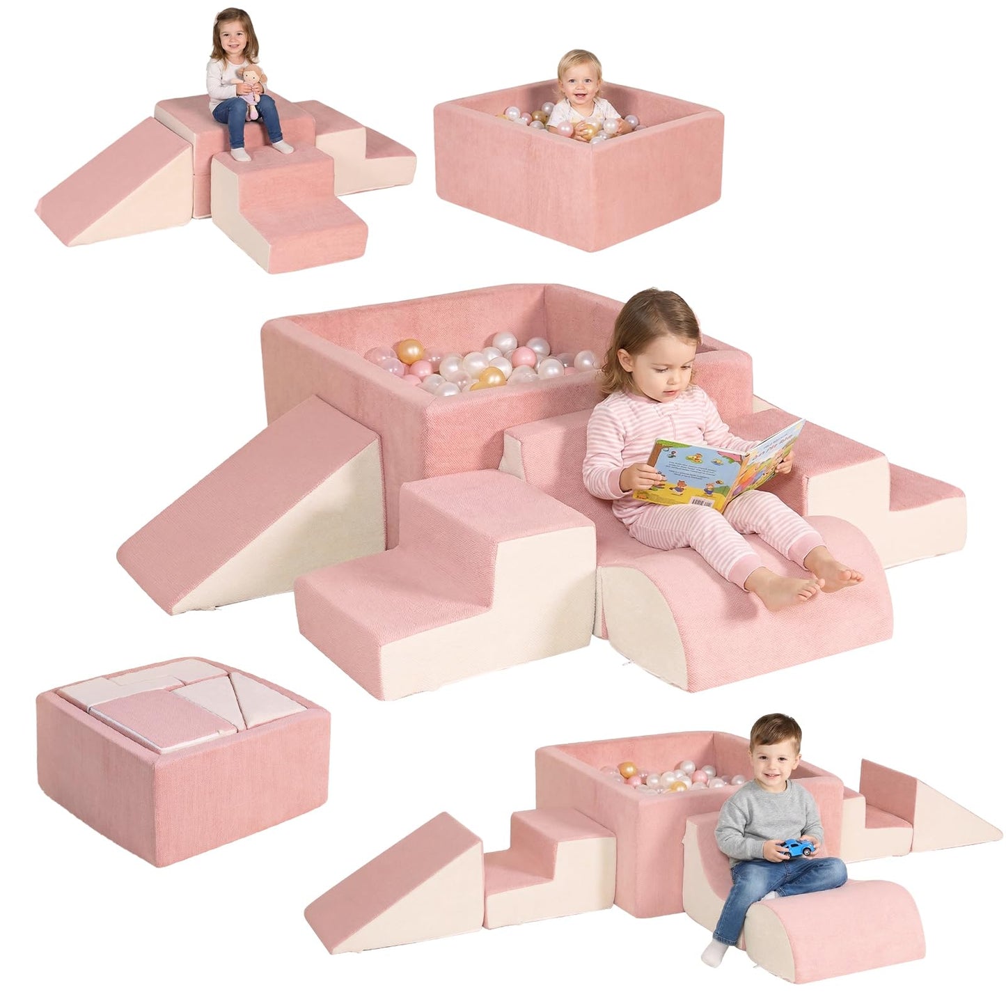 STAOLENE Soft Foam Climbing Blocks with Ball Pit, 6PCS Beige & Pink Indoor Climbing Toys for Toddler, Climb and Crawl Activity Play Set, Play Gym for Child Development (Balls not Included)