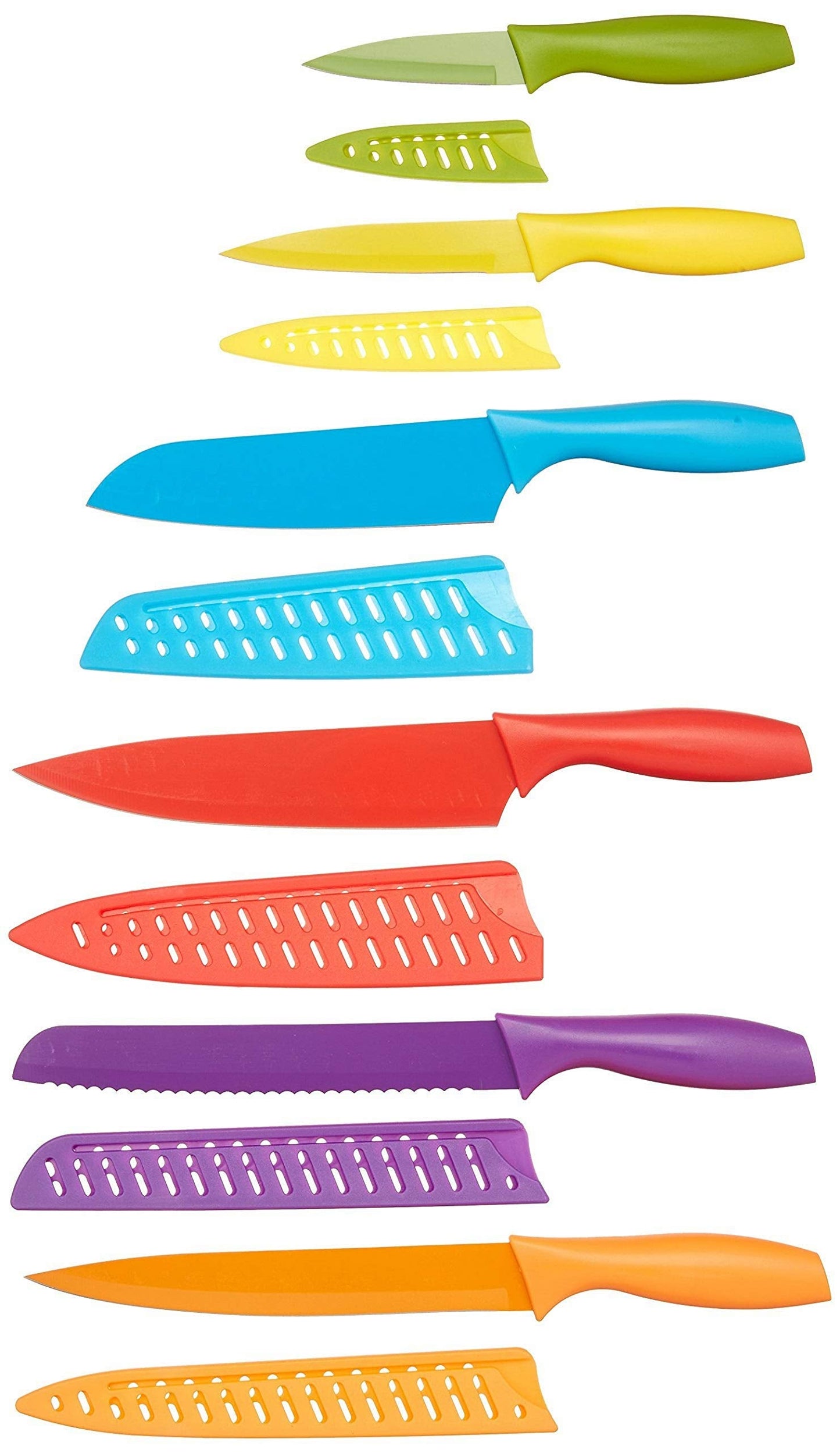 Amazon Basics Color-Coded Dishwasher Safe Kitchen Knife Set, 12-Piece with Ergonomic Handles, Non-stick Sharp Blades, 6 Knives with 6 Blade Guards, Multicolor, 13.88 x 4.13 x 1.38 inch