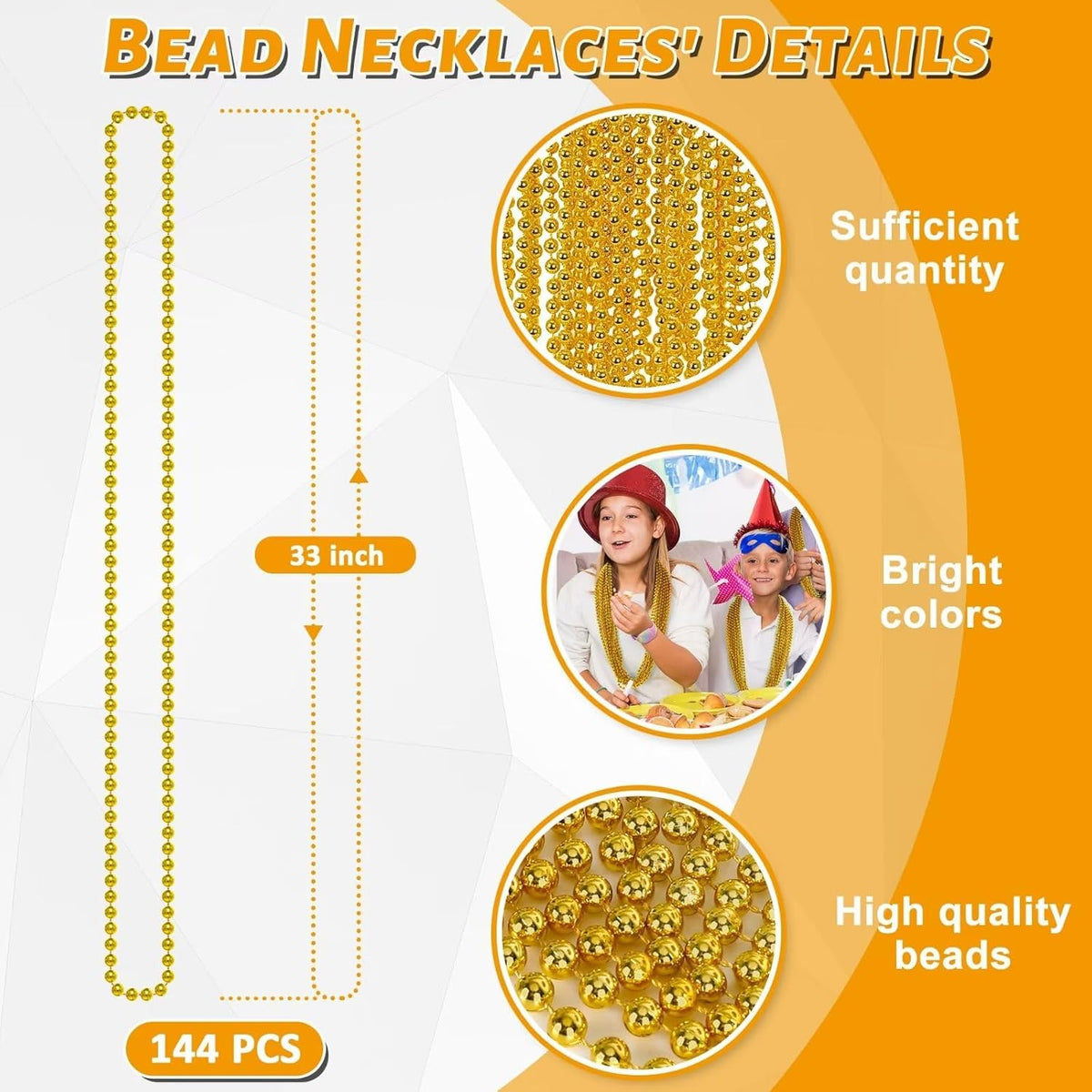 144PCS Mardi Gras Beads, Gold Bead Necklace Christmas Stuff, 33" Mardi Gras Beads Necklace Costume Bulk, Festival Parade Throw Accessories for Christmas Mardi Gras Wedding Birthday Party Supplies