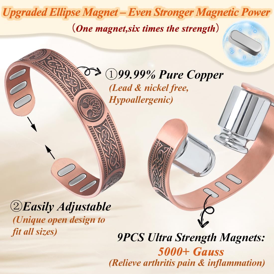 Cigmag Copper Bracelet for Men, with Powerful 9X 5000 Gauss Magnets, Adjustable Solid Pure Copper (Viking Lotus Life Tree)